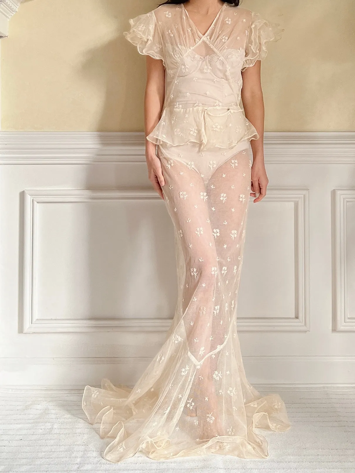 1930s Tulle Embroidered Gown - S
