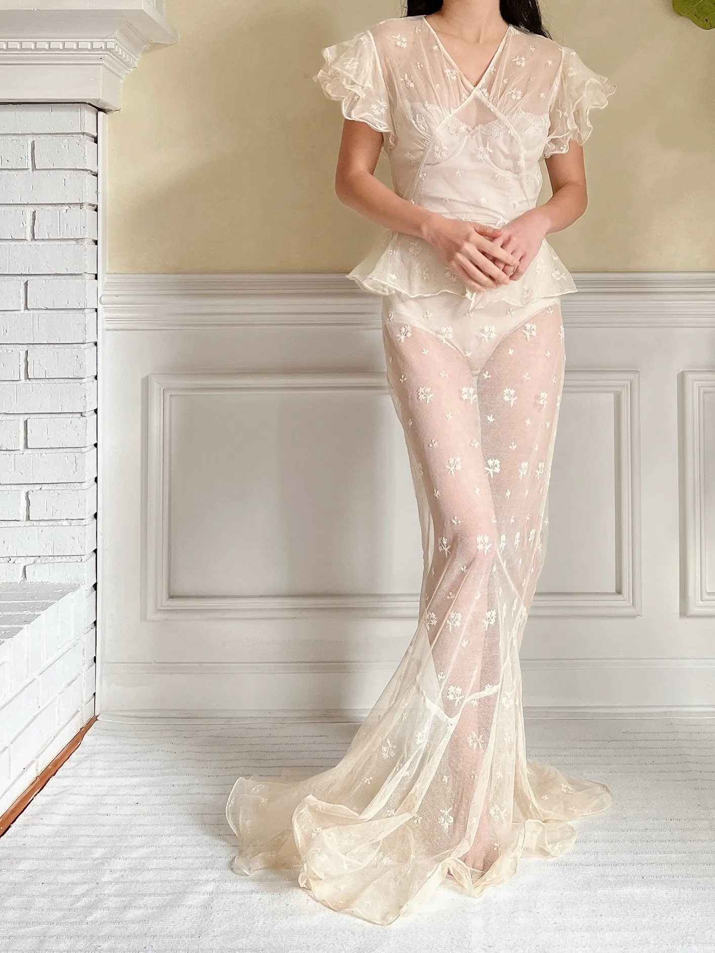 1930s Tulle Embroidered Gown - S