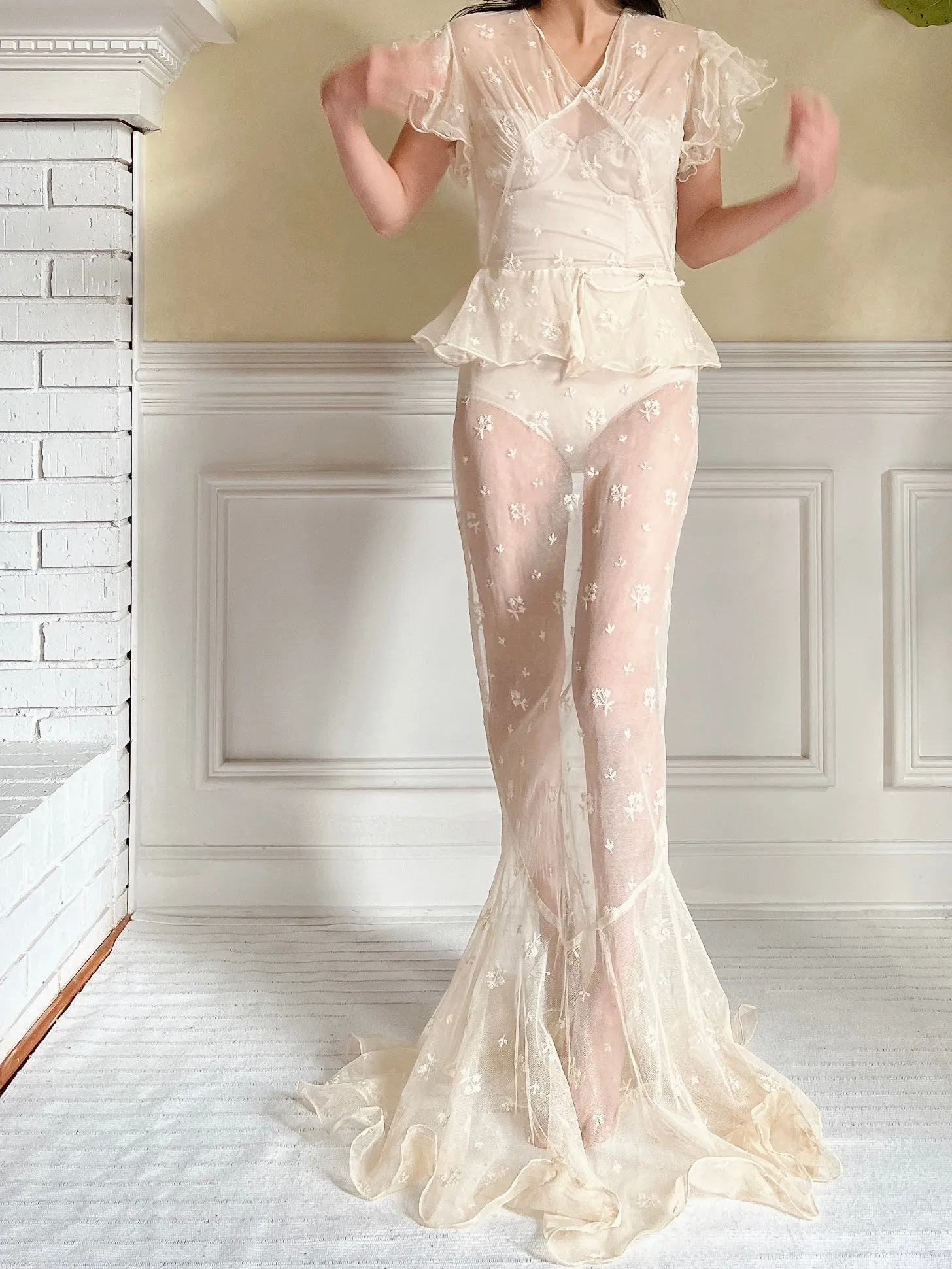 1930s Tulle Embroidered Gown - S
