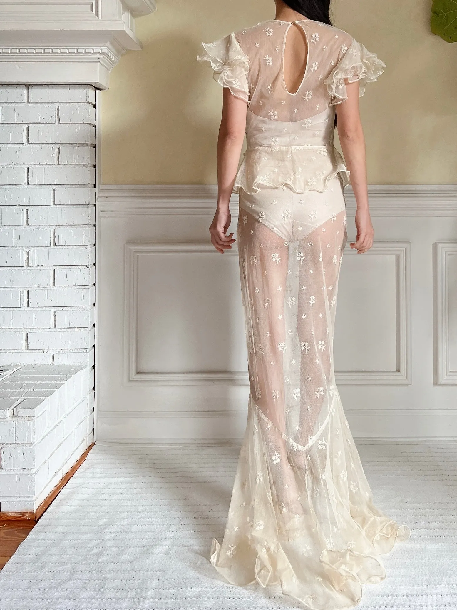 1930s Tulle Embroidered Gown - S