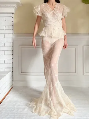 1930s Tulle Embroidered Gown - S