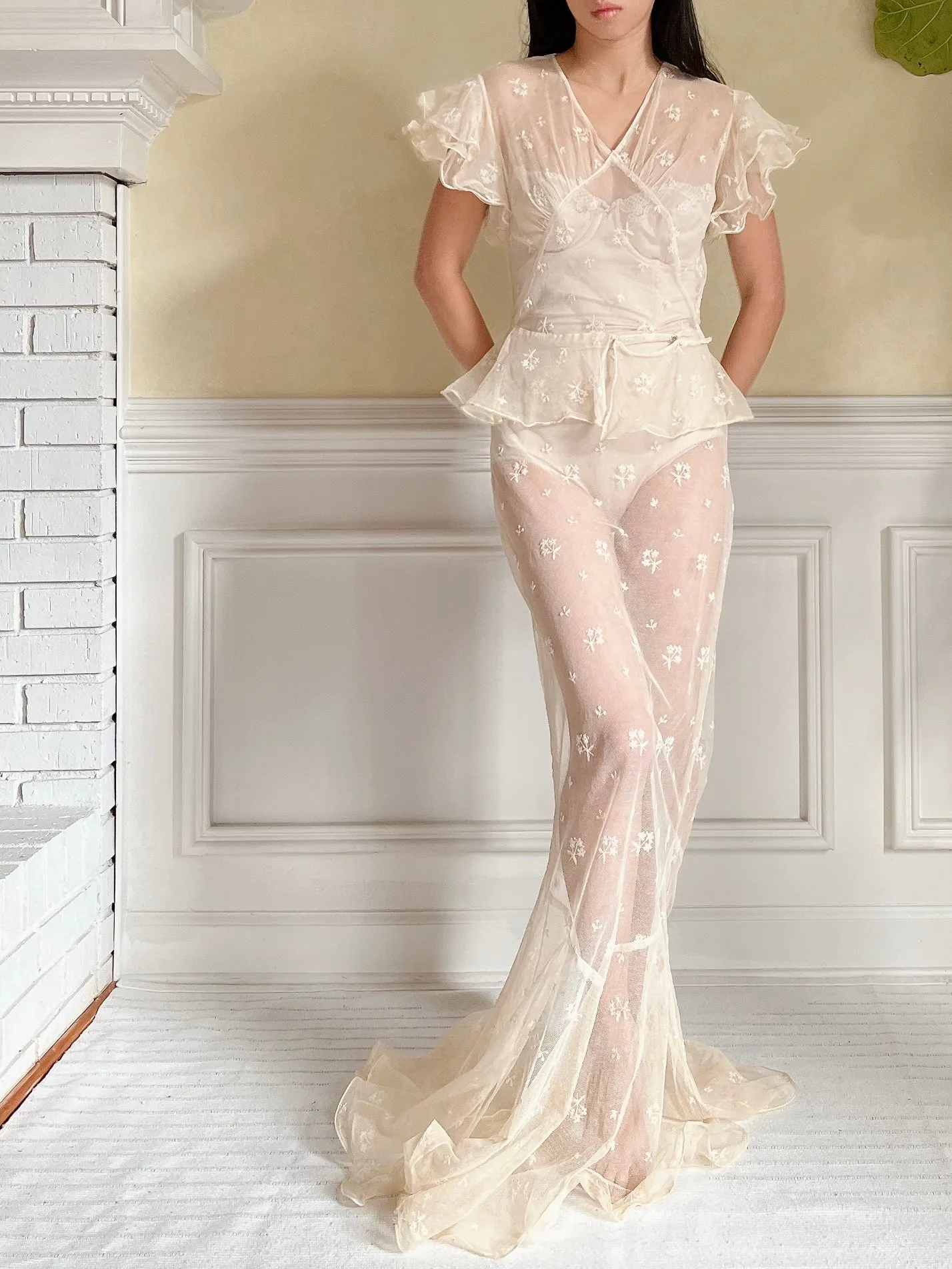 1930s Tulle Embroidered Gown - S