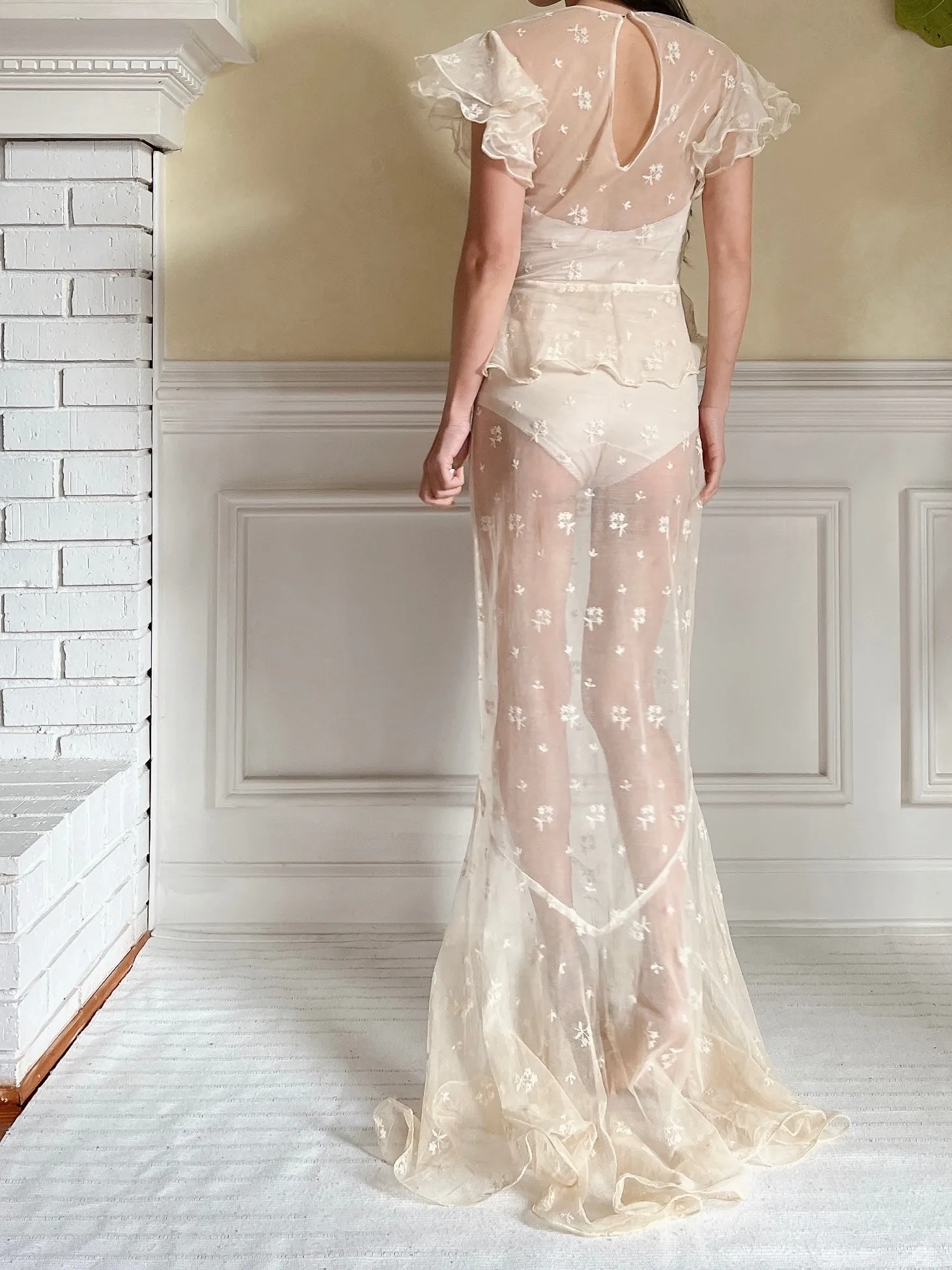 1930s Tulle Embroidered Gown - S