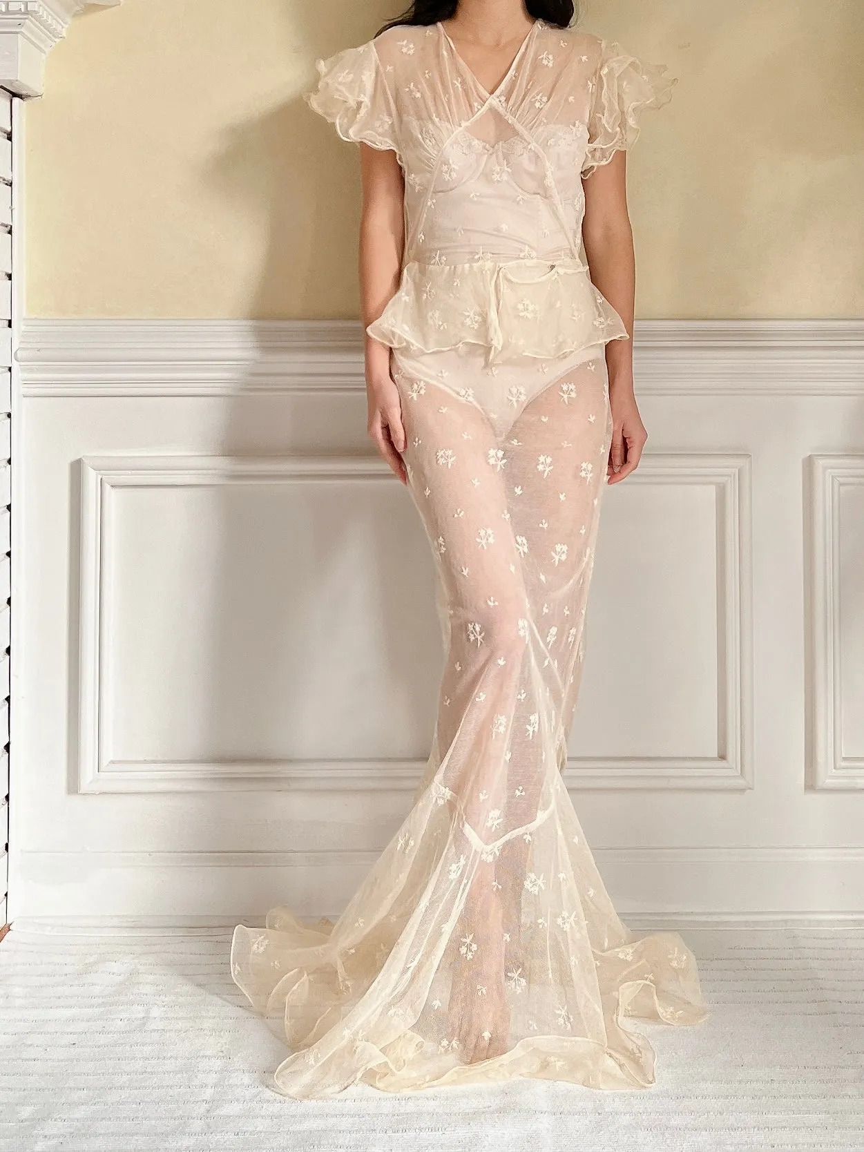 1930s Tulle Embroidered Gown - S