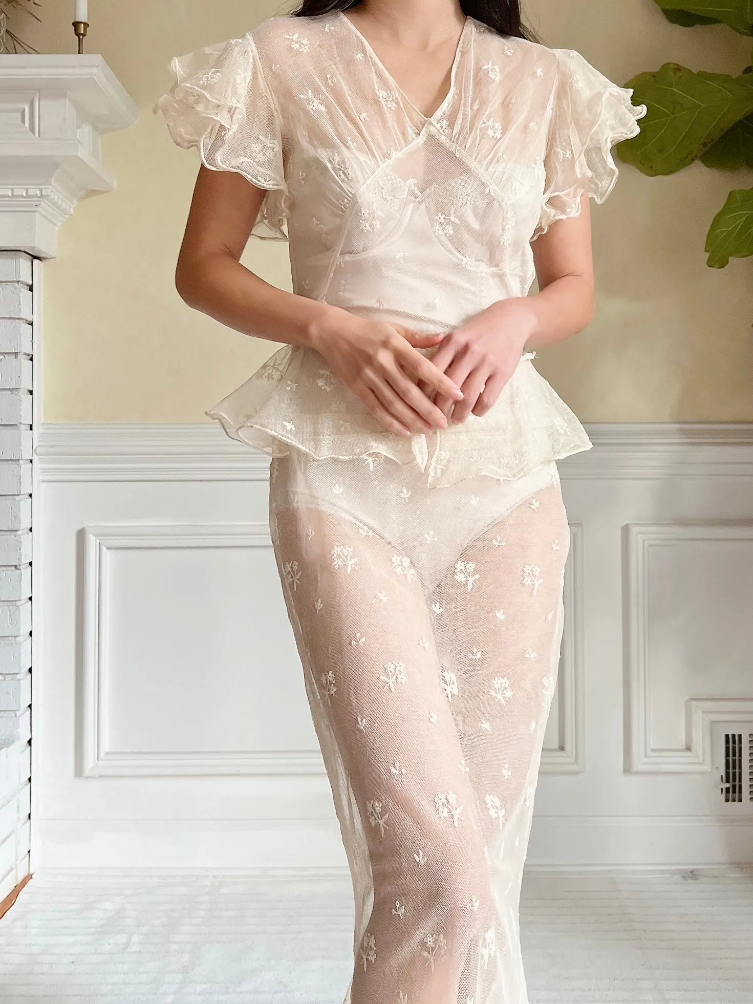 1930s Tulle Embroidered Gown - S