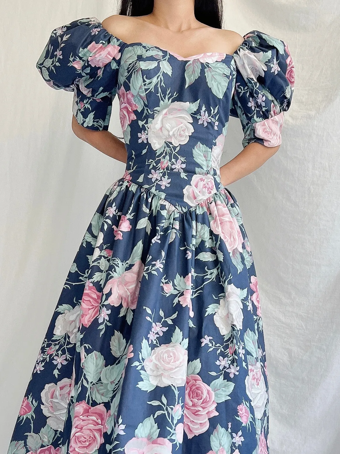 1980s Navy Puff Sleeve Dress - XS