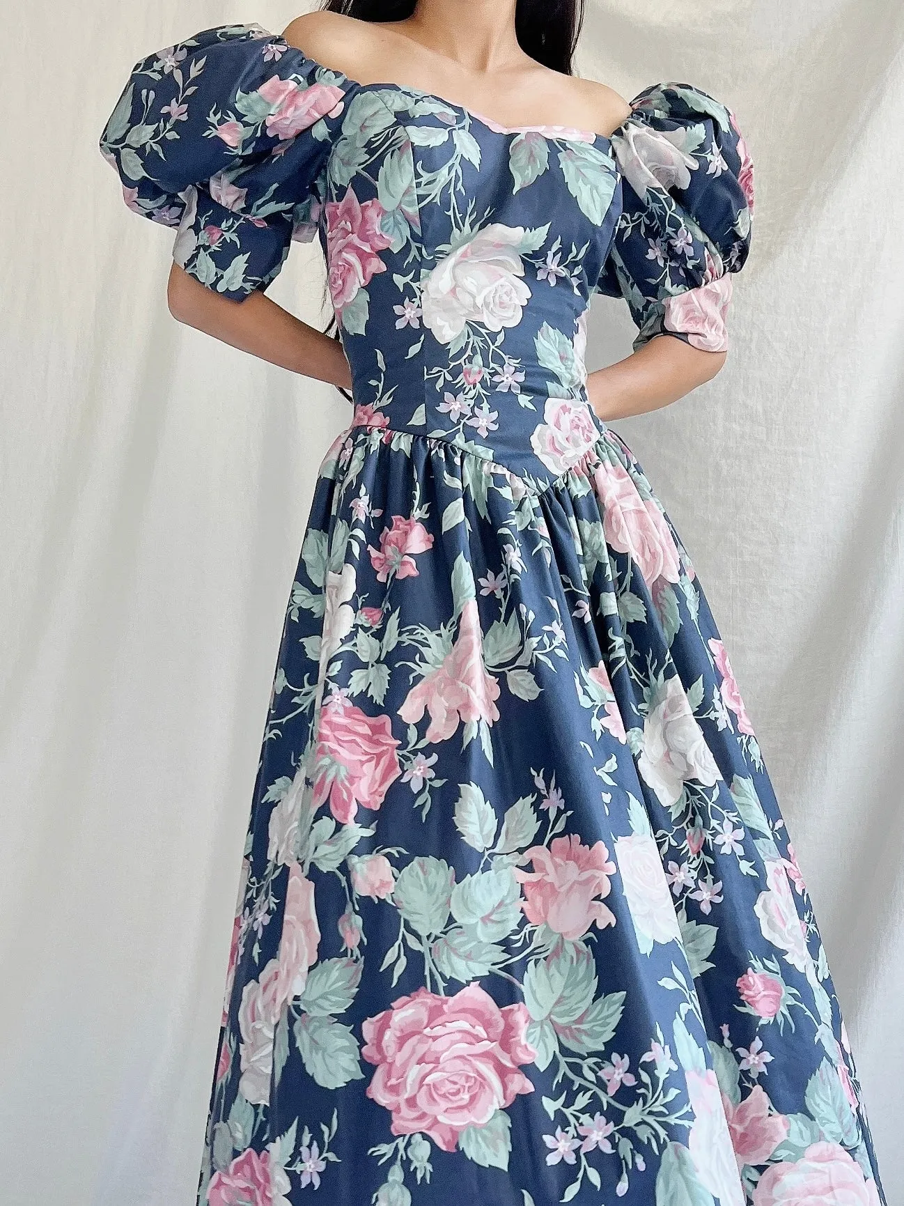 1980s Navy Puff Sleeve Dress - XS