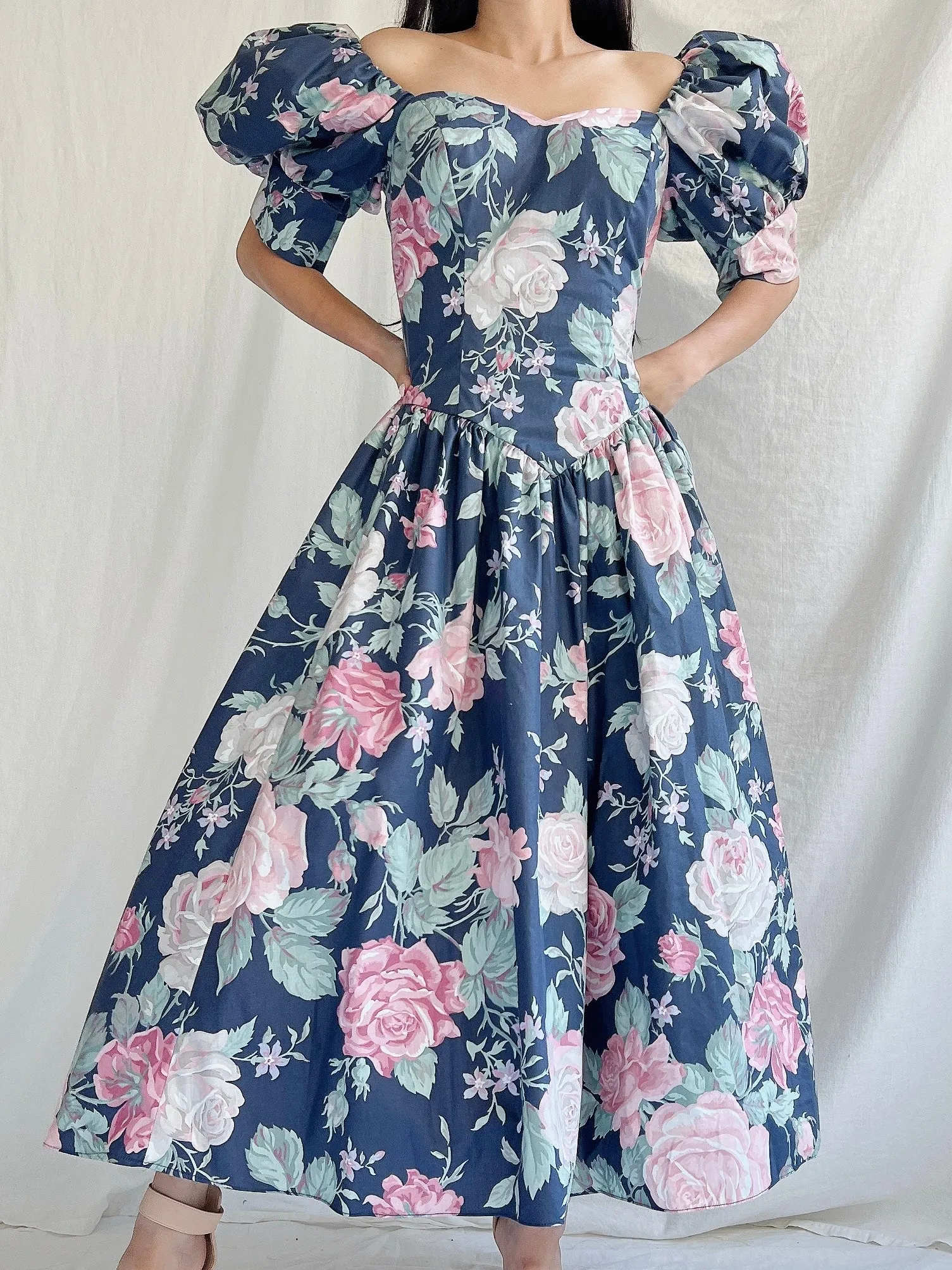 1980s Navy Puff Sleeve Dress - XS