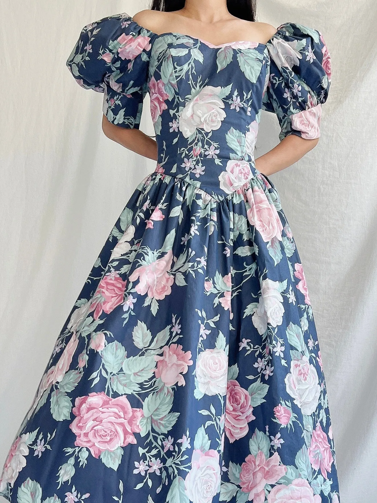 1980s Navy Puff Sleeve Dress - XS