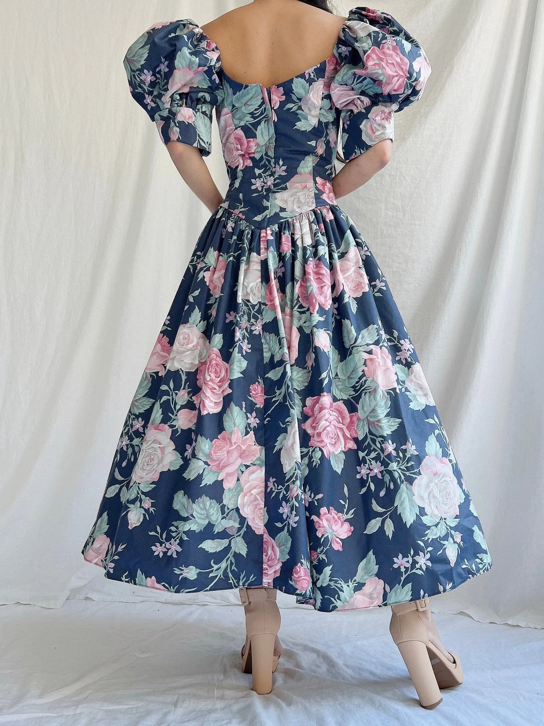 1980s Navy Puff Sleeve Dress - XS