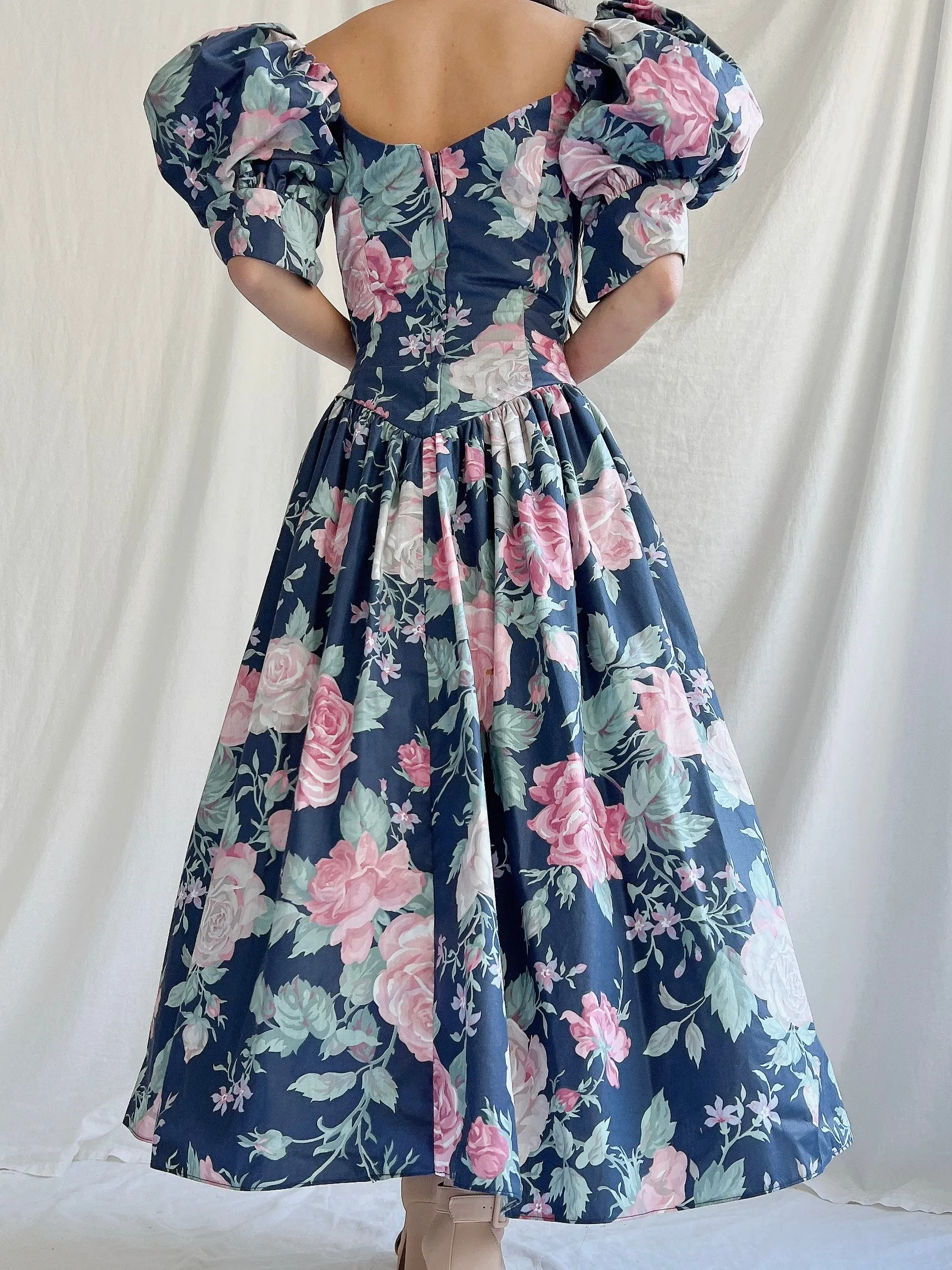 1980s Navy Puff Sleeve Dress - XS