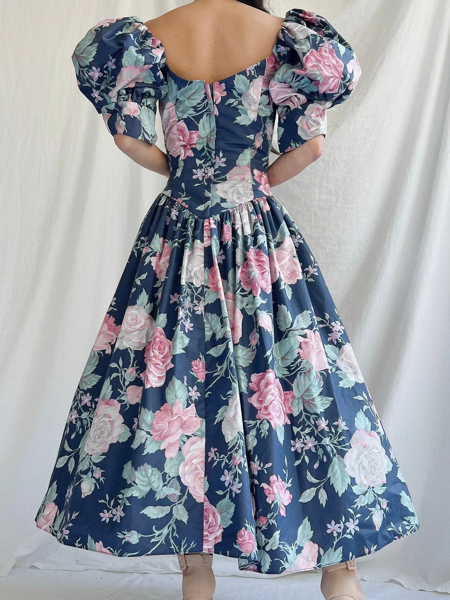 1980s Navy Puff Sleeve Dress - XS