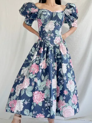 1980s Navy Puff Sleeve Dress - XS