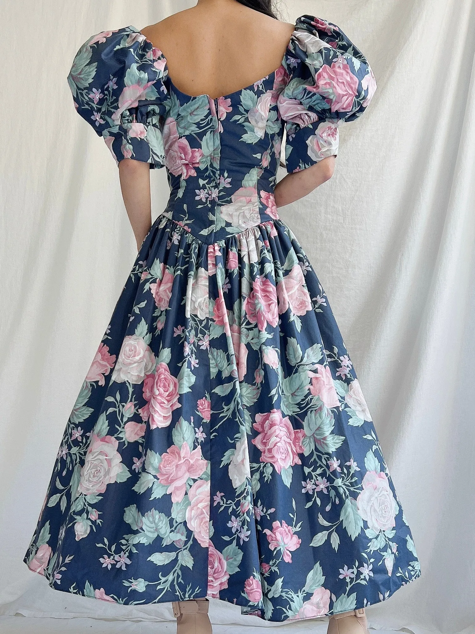 1980s Navy Puff Sleeve Dress - XS