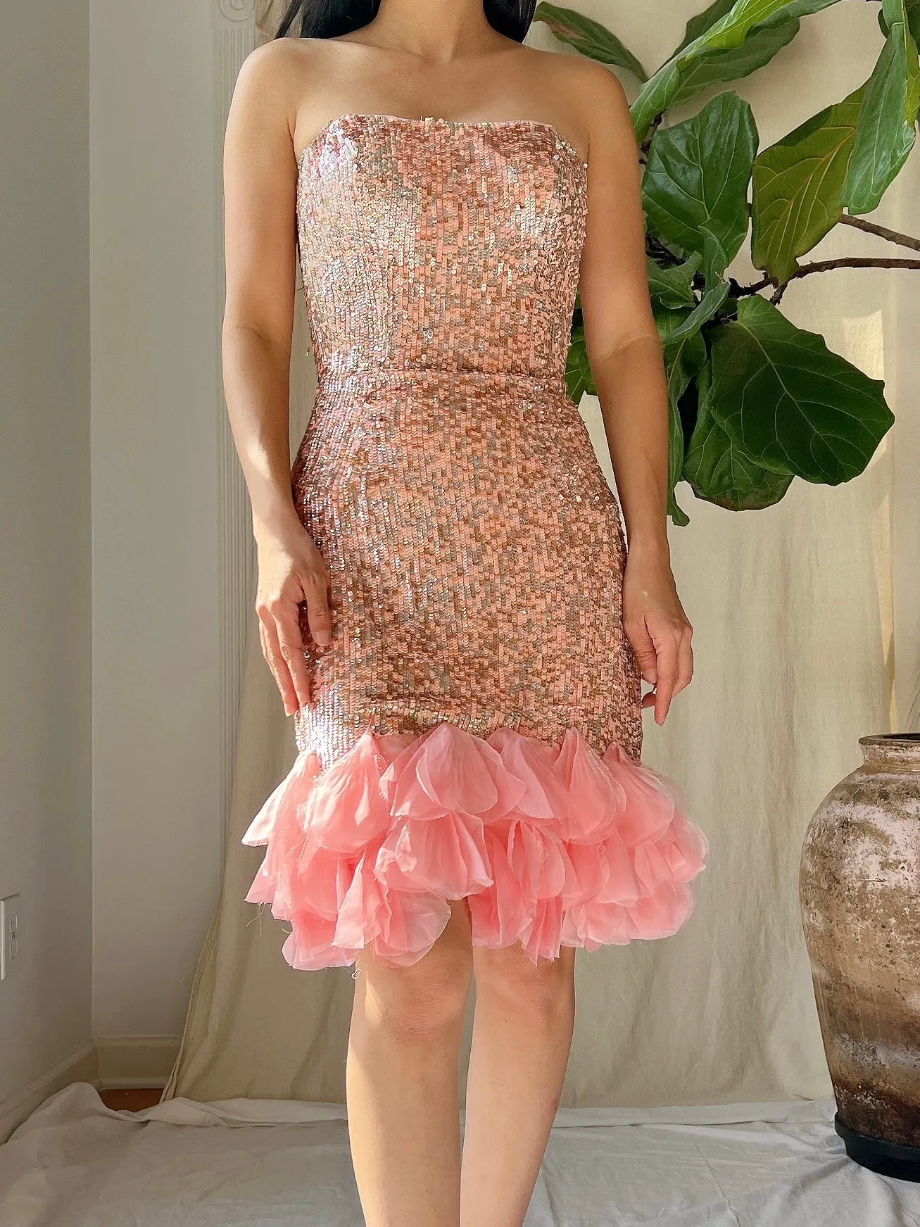 1990s Strapless Sequins Petal Hem Dress - XS