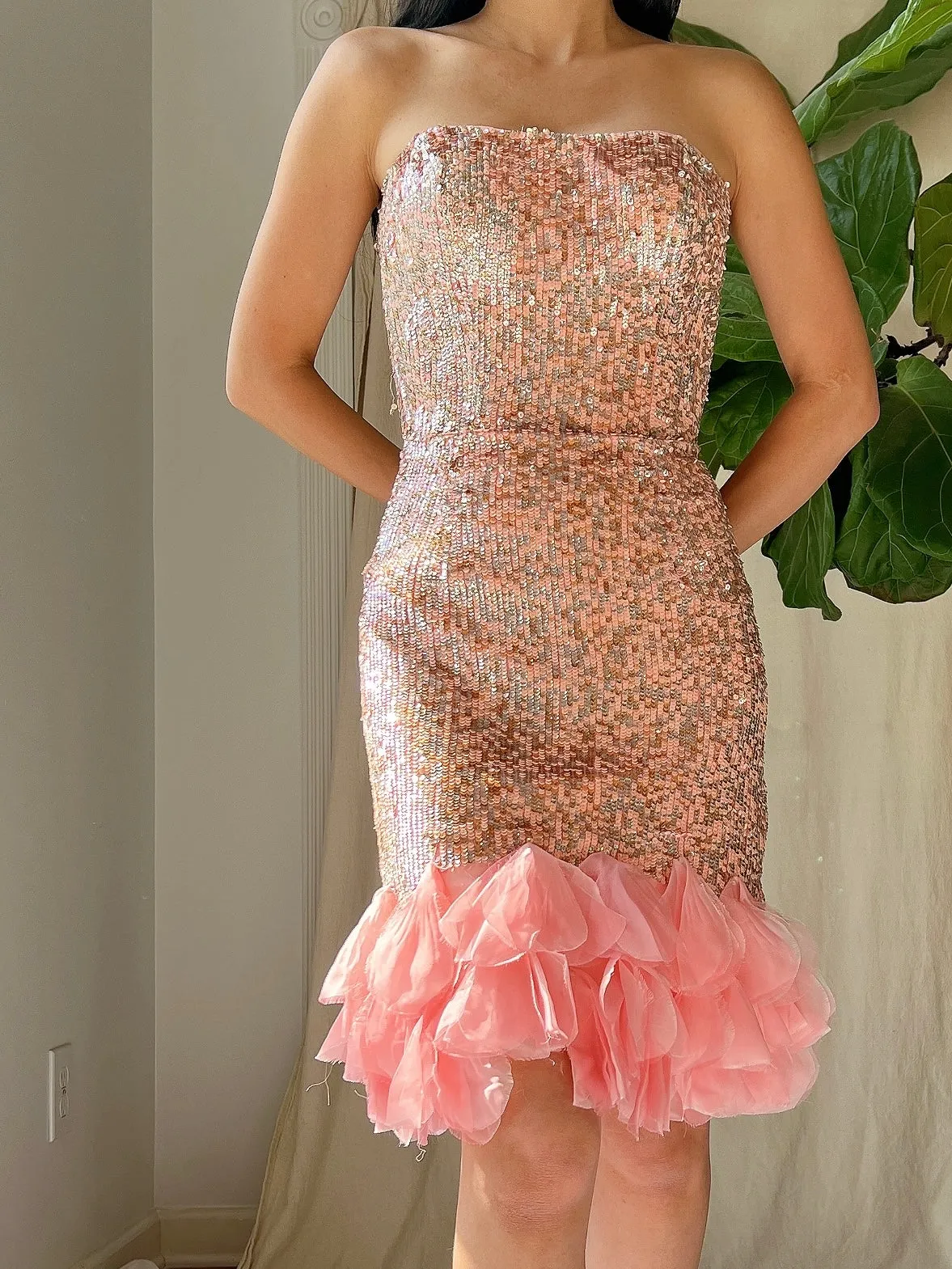 1990s Strapless Sequins Petal Hem Dress - XS