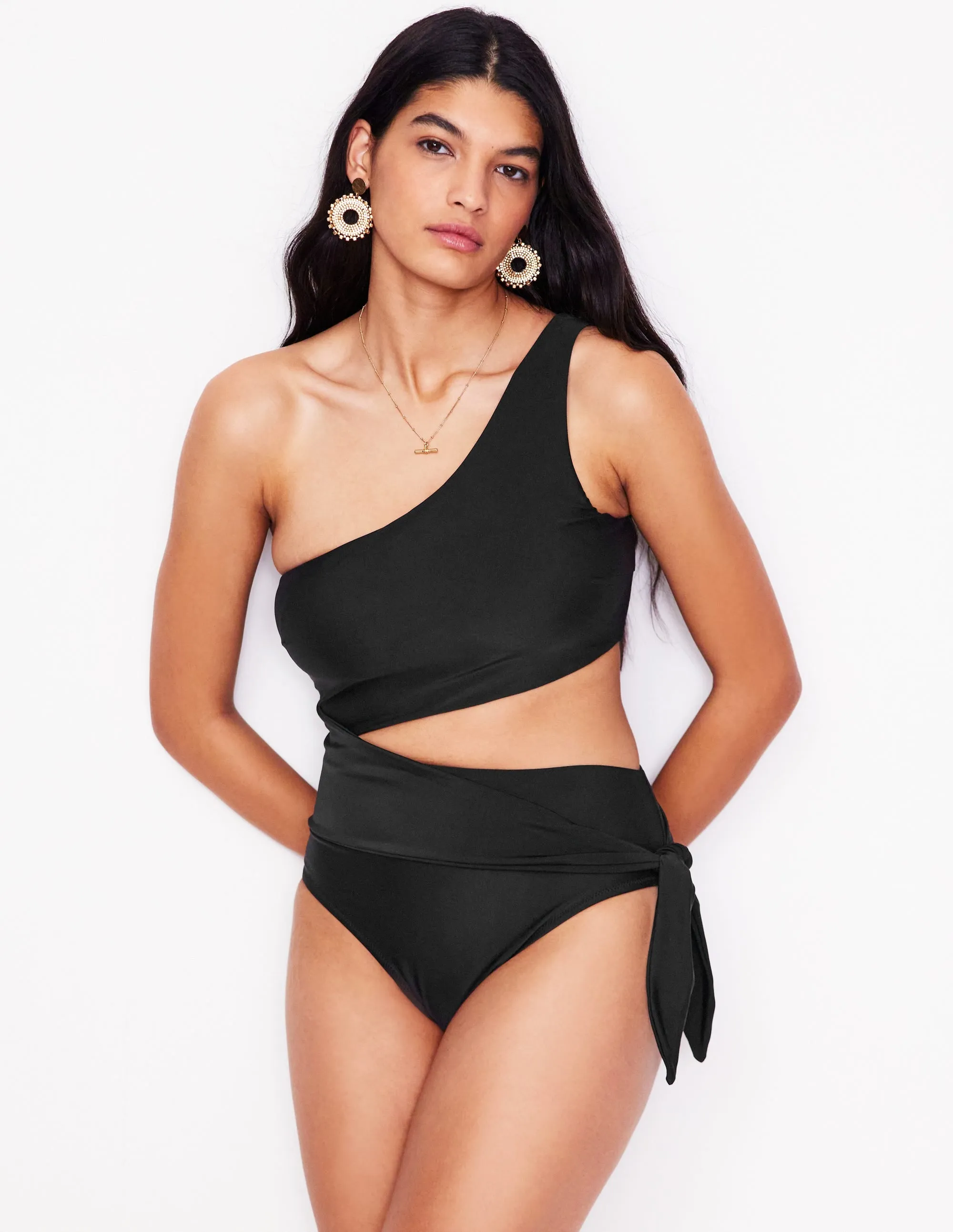 Asym Cut Tie Swimsuit-Black