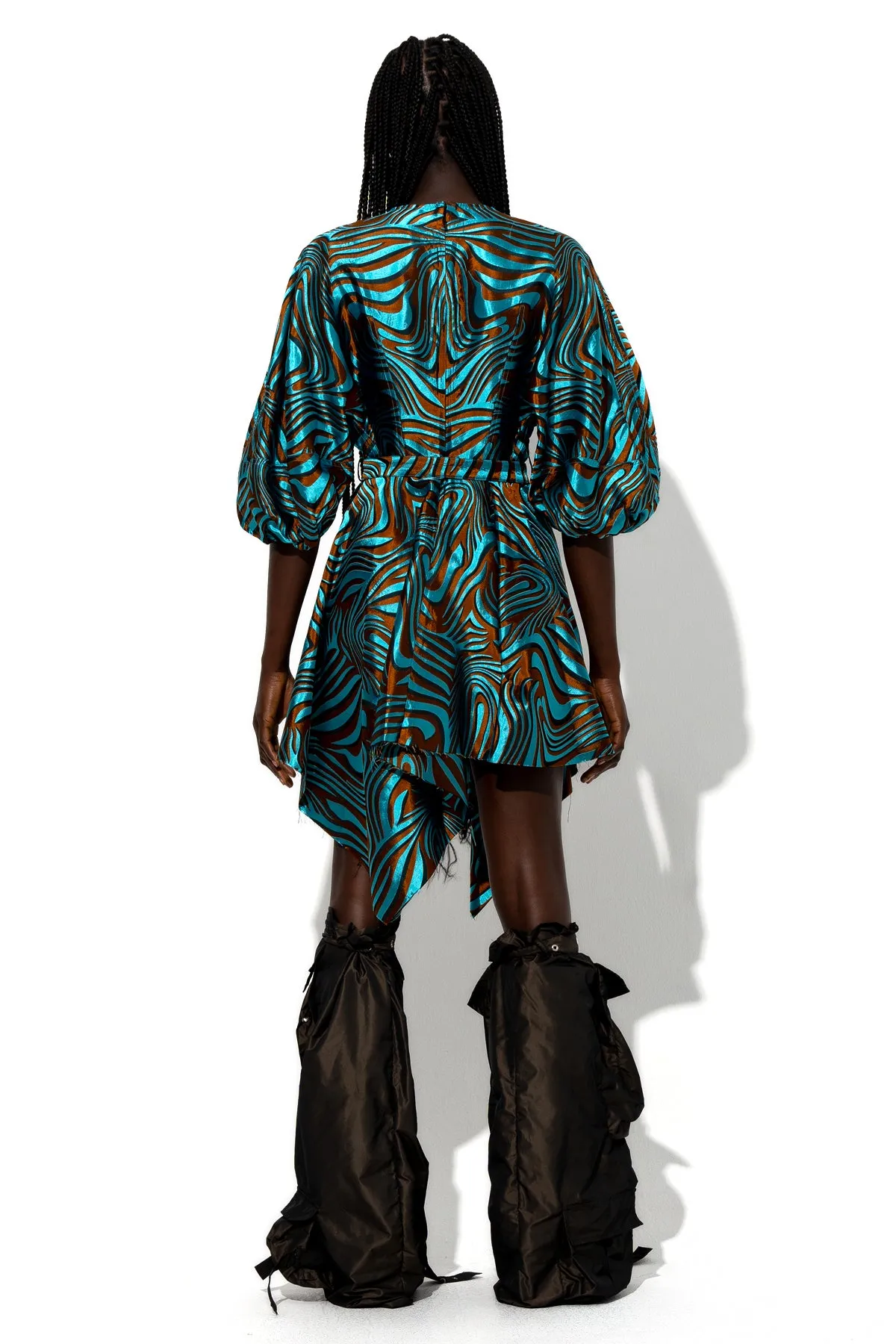BLUE ZEBRA BROCADE BALLOON SLEEVE DRESS