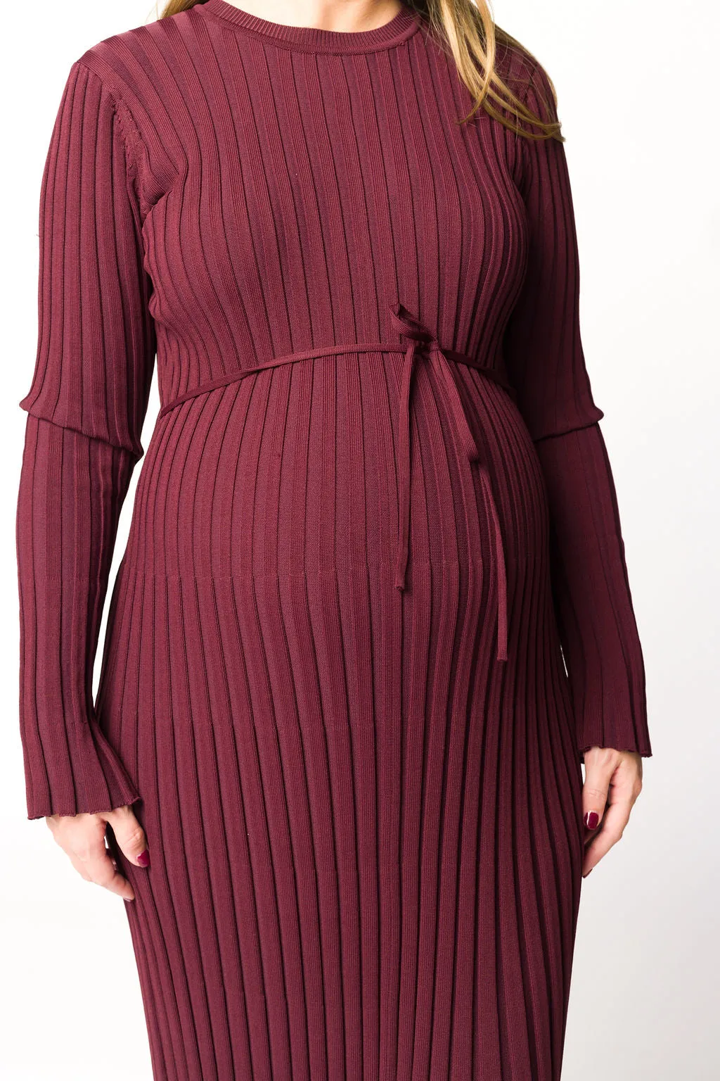 Colette Premium Long Sleeved Ribbed Knit Maxi Dress in Burgundy - Bump Friendly