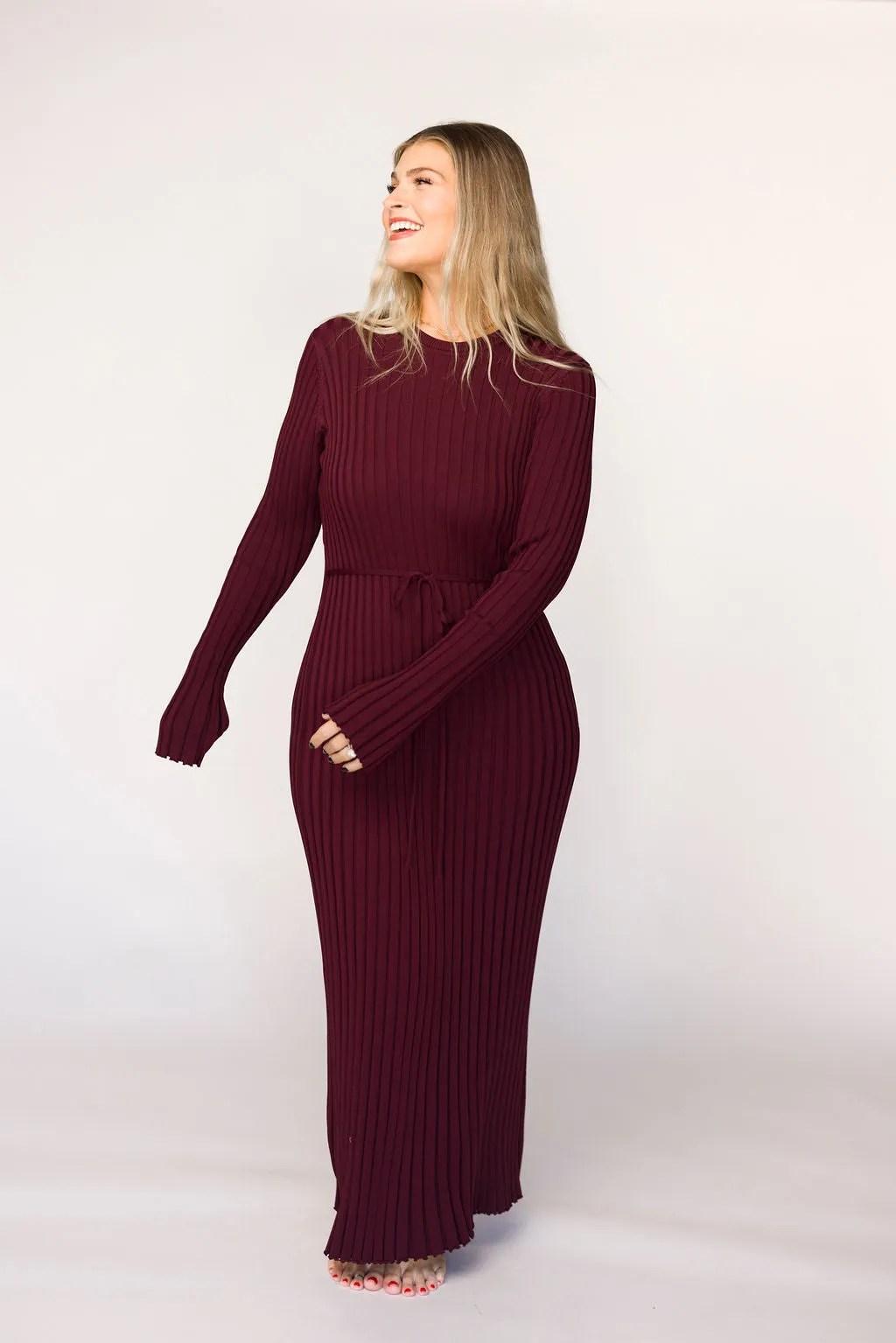 Colette Premium Long Sleeved Ribbed Knit Maxi Dress in Burgundy - Bump Friendly