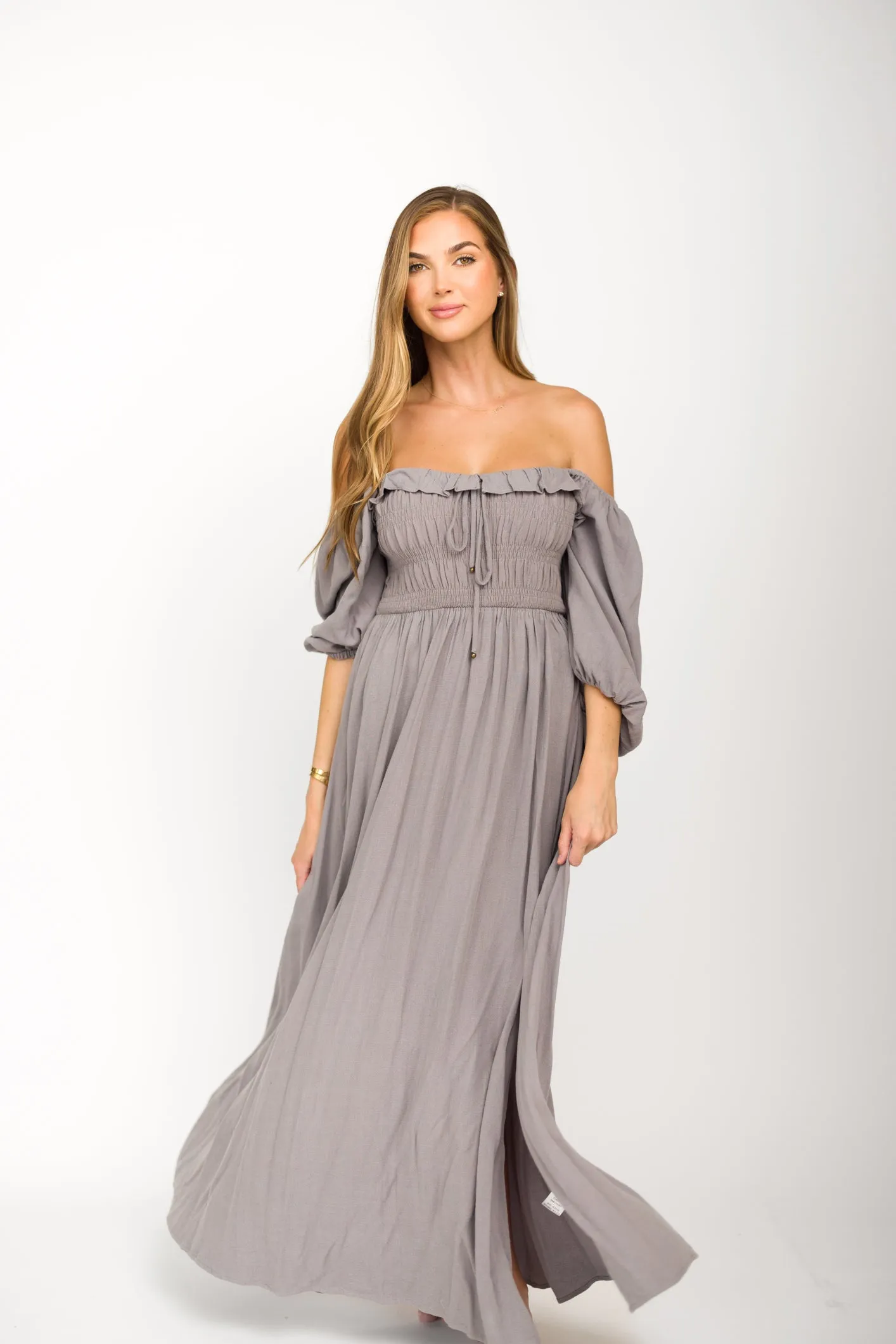 Devon Smocked Maxi Dress in Slate Grey - Bump Friendly