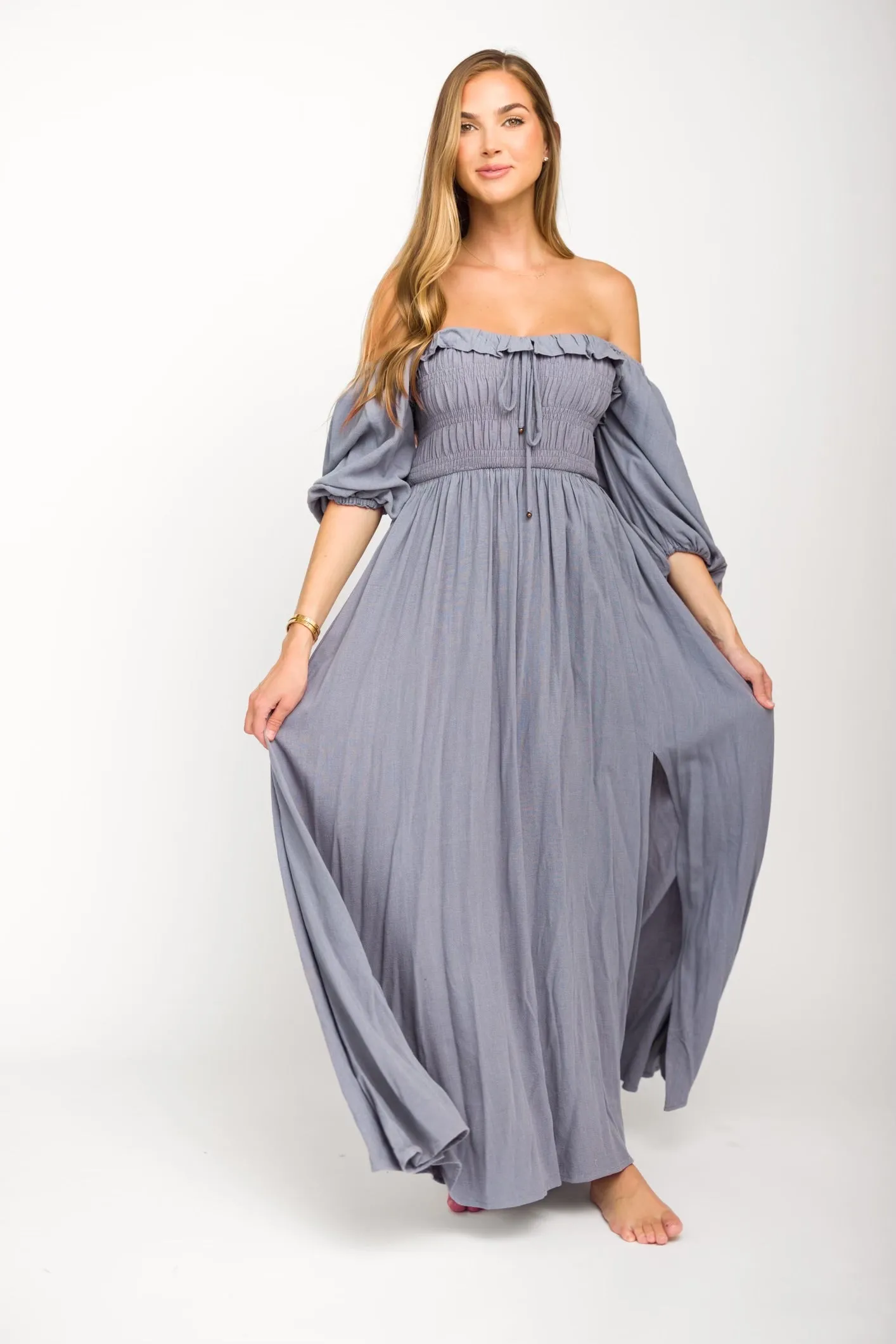 Devon Smocked Maxi Dress in Slate Grey - Bump Friendly