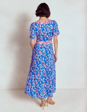 Ellie Flutter Maxi Tea Dress-Kingfisher Blue. Foliage Trail
