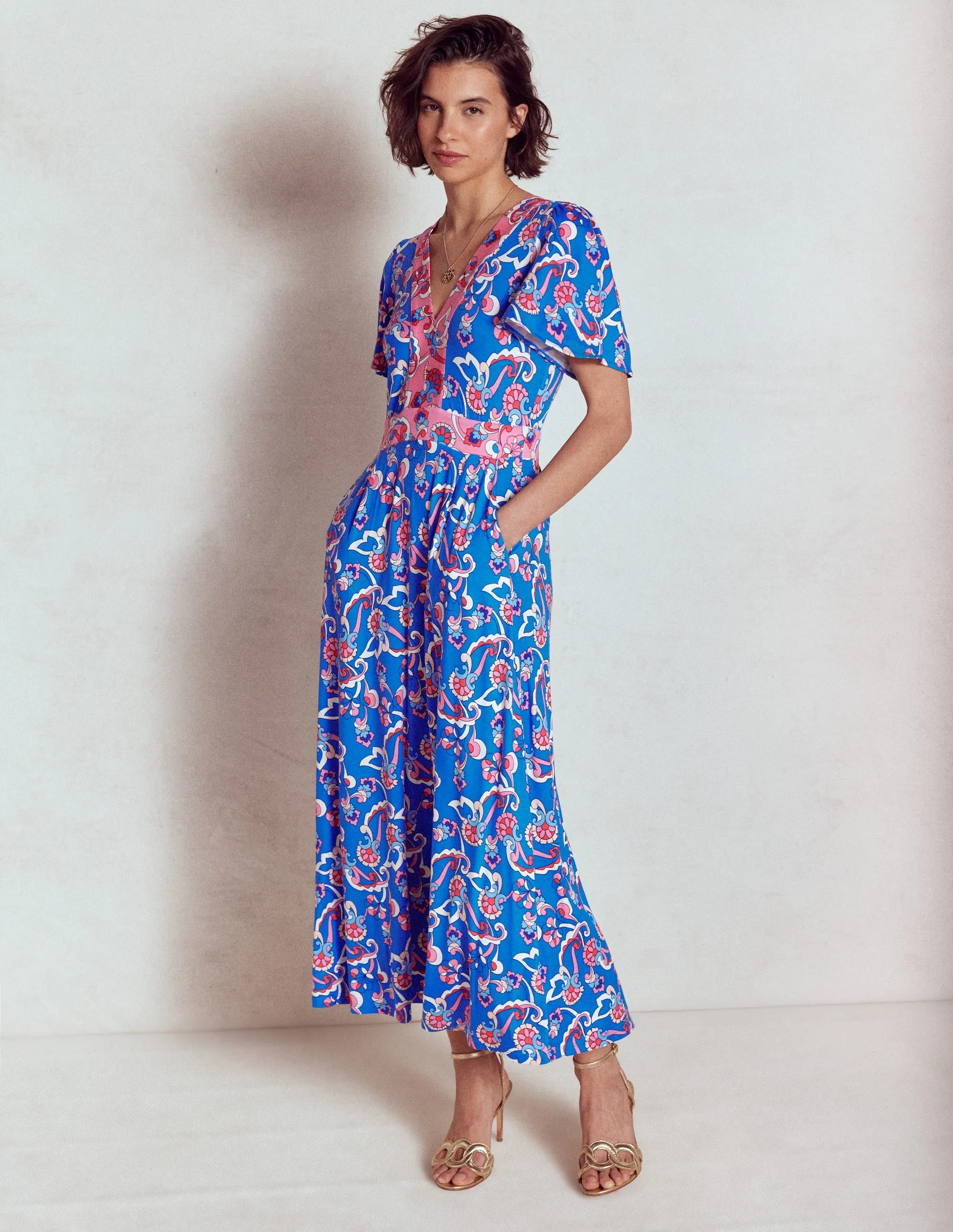 Ellie Flutter Maxi Tea Dress-Kingfisher Blue. Foliage Trail