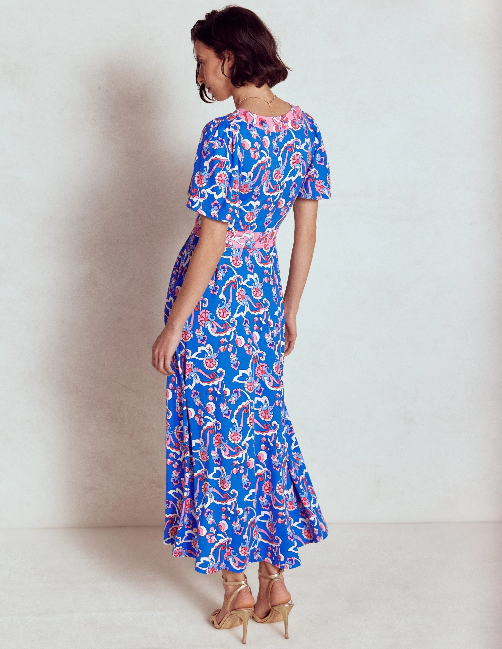 Ellie Flutter Maxi Tea Dress-Kingfisher Blue. Foliage Trail