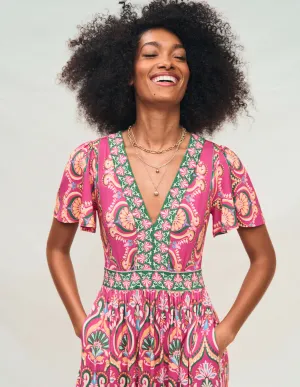 Ellie Flutter Maxi Tea Dress-Pink Peony. Ornamental Floral