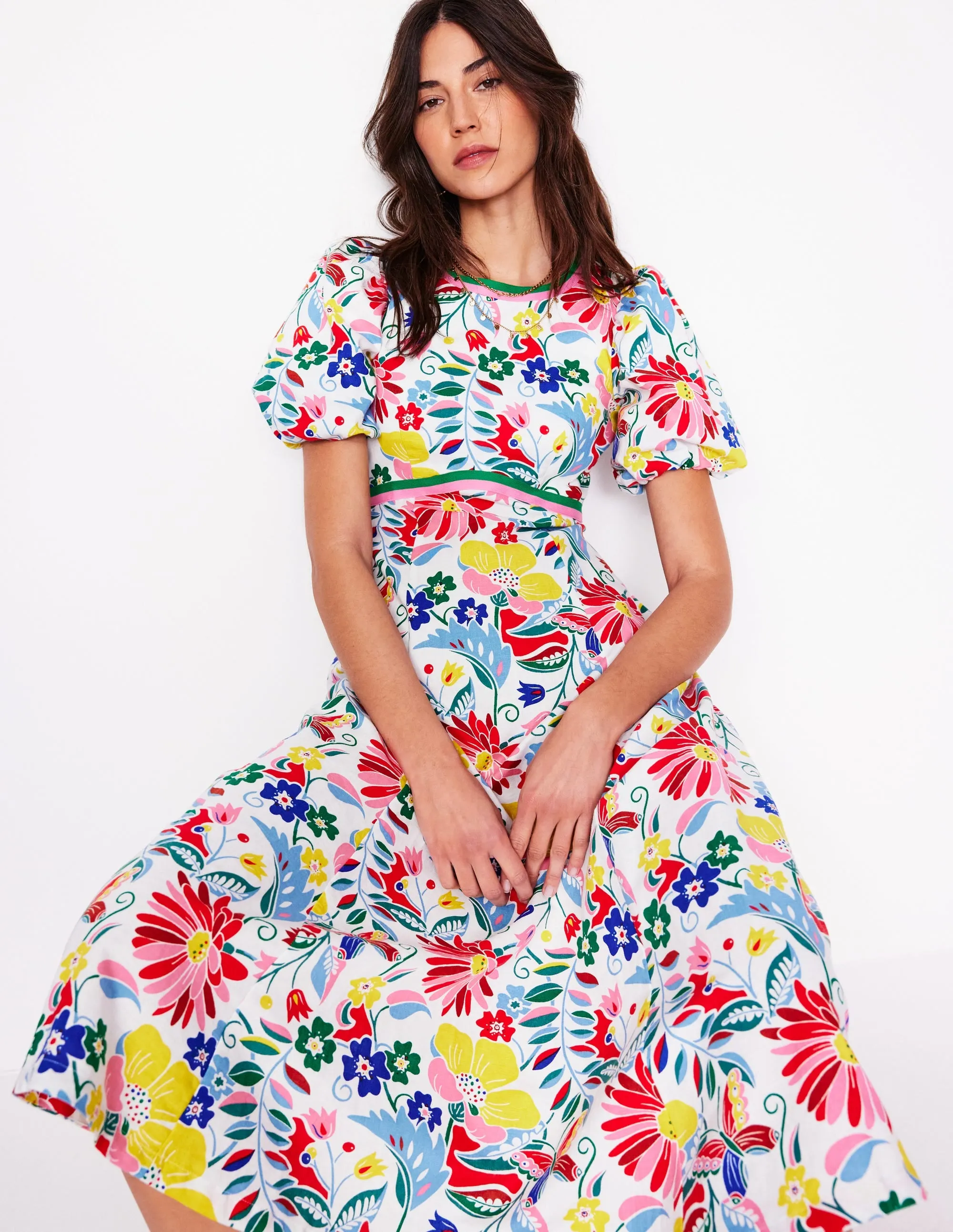 Empire Linen Tea Dress-Multi. Wildflower Trail