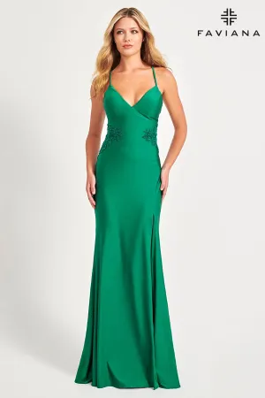 Faviana 11020 Beaded Long Slit Lace Formal Prom Dress