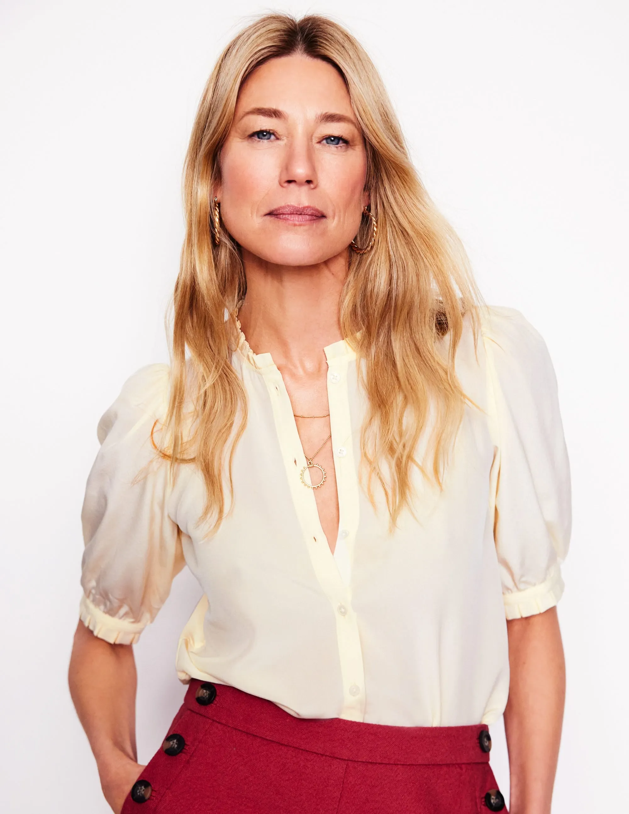 Frill Detail Silk Top-Ivory