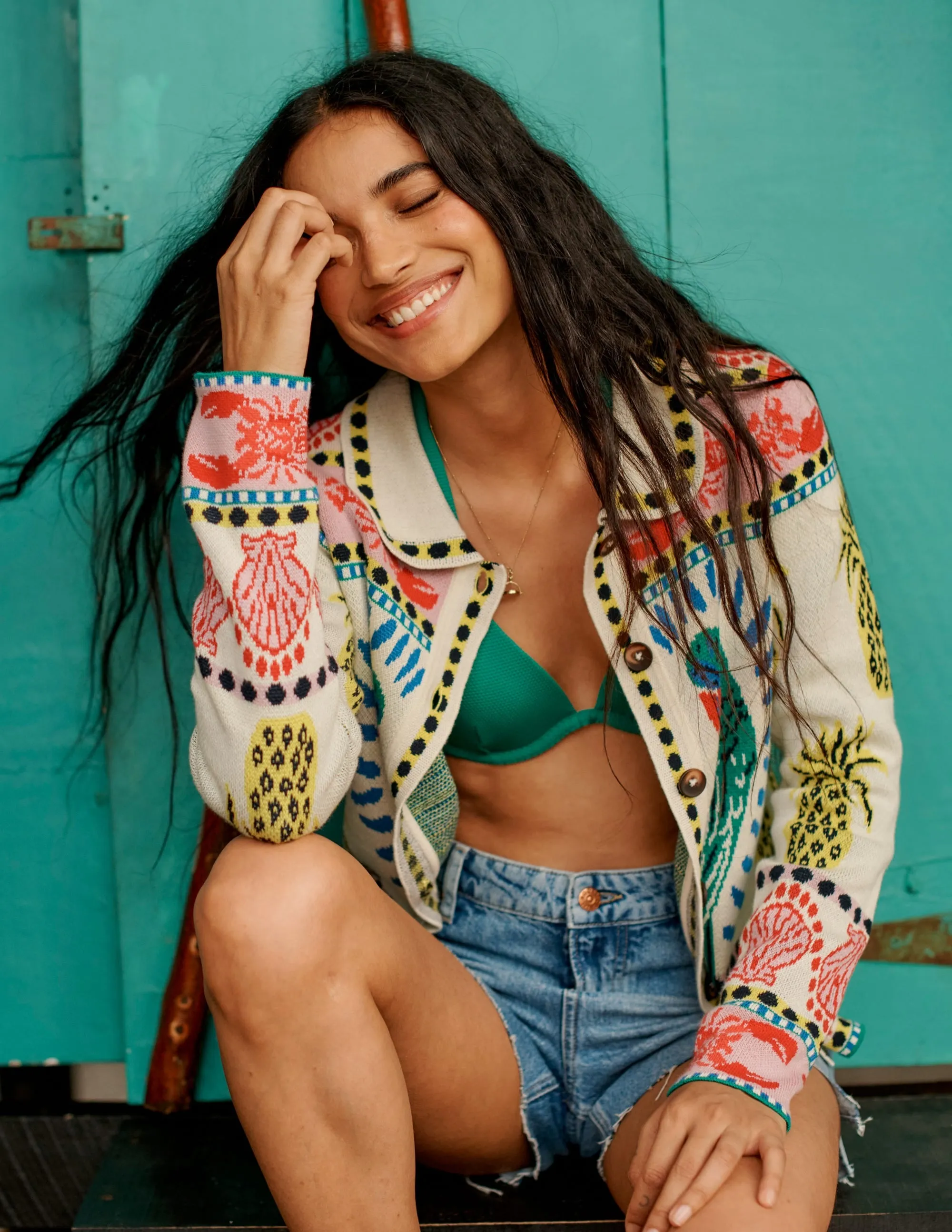 Jacquard Knitted Shacket-Warm Ivory. Tropical Bonanza