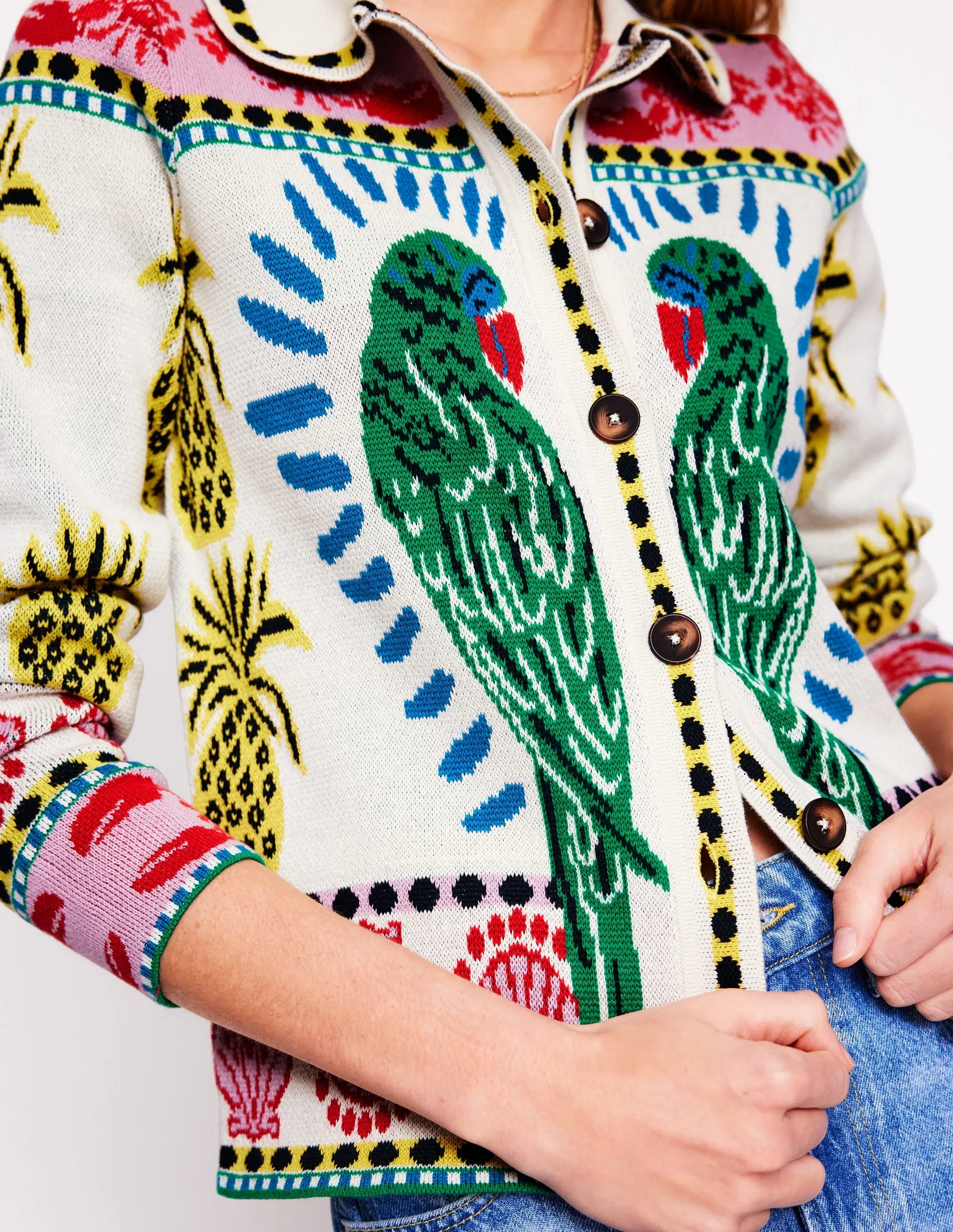 Jacquard Knitted Shacket-Warm Ivory. Tropical Bonanza