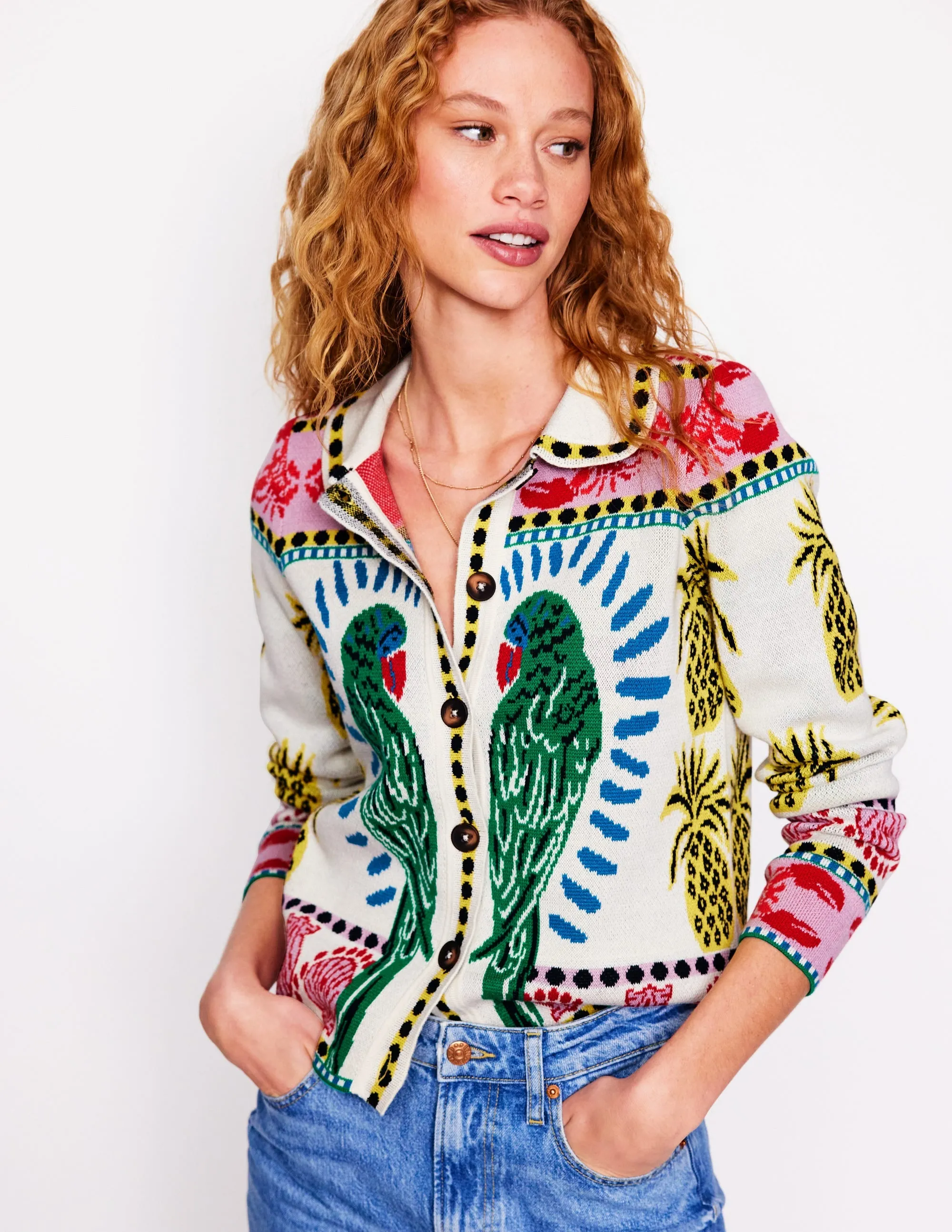 Jacquard Knitted Shacket-Warm Ivory. Tropical Bonanza