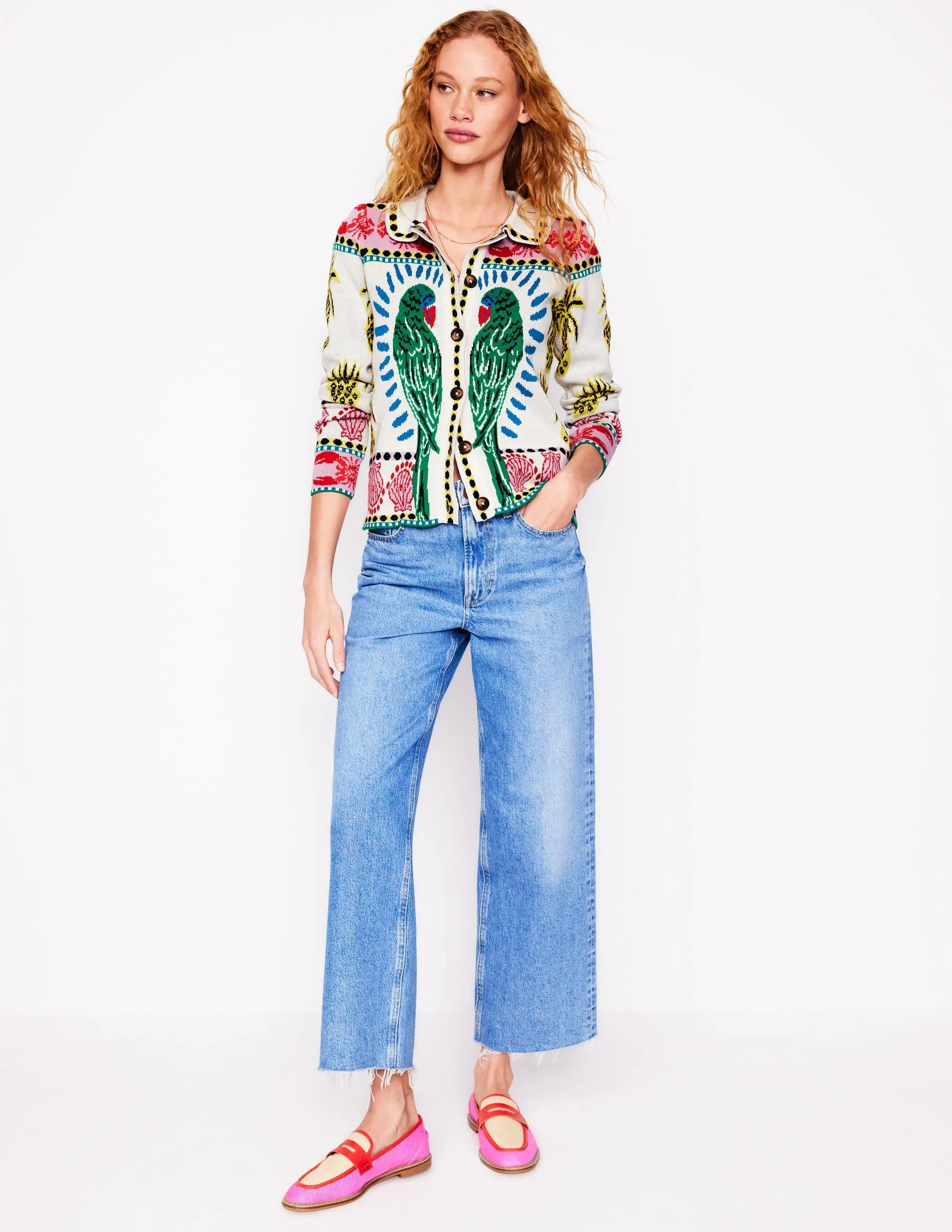 Jacquard Knitted Shacket-Warm Ivory. Tropical Bonanza