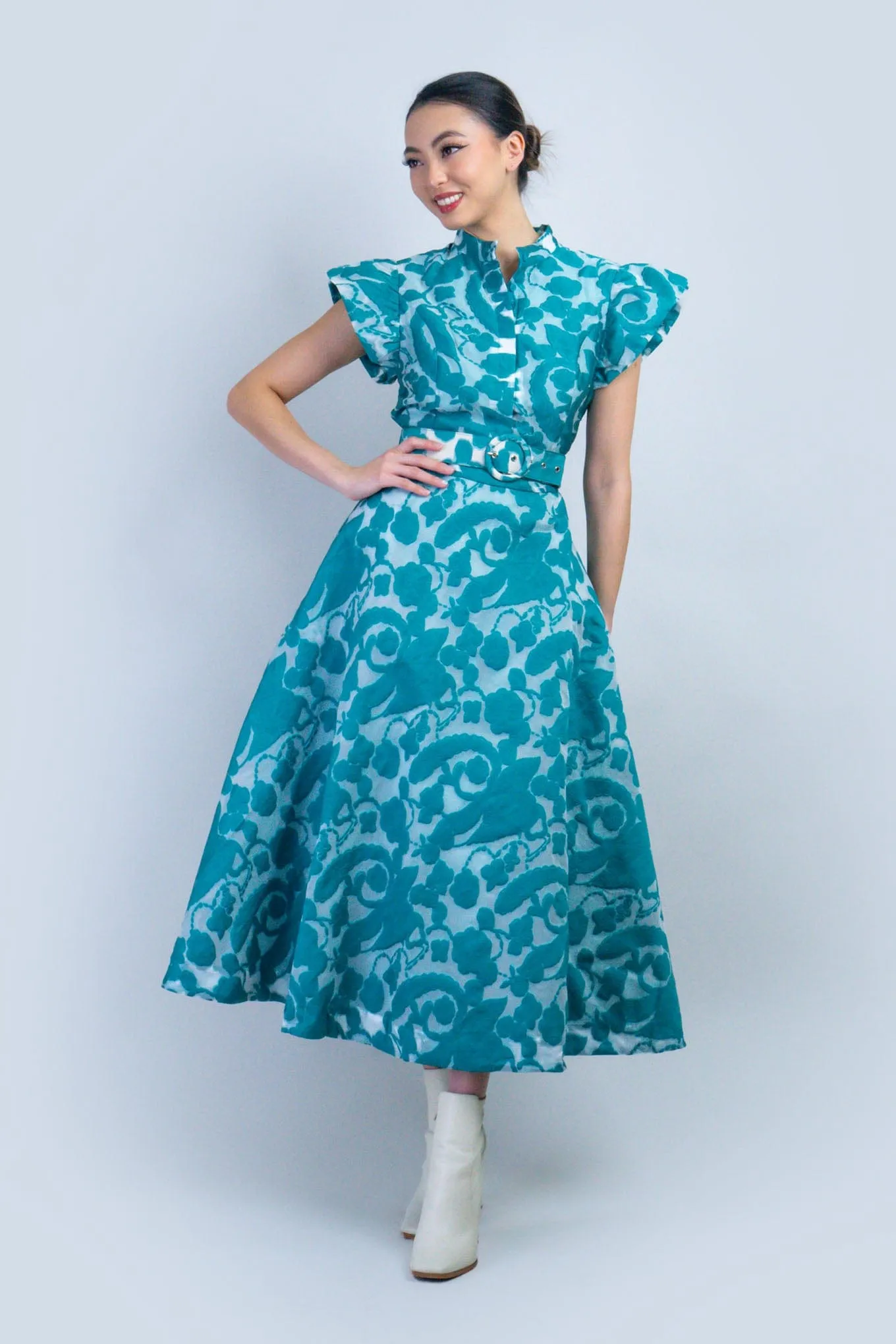 Jade Paisley Print Flutter Sleeve Belted Dress