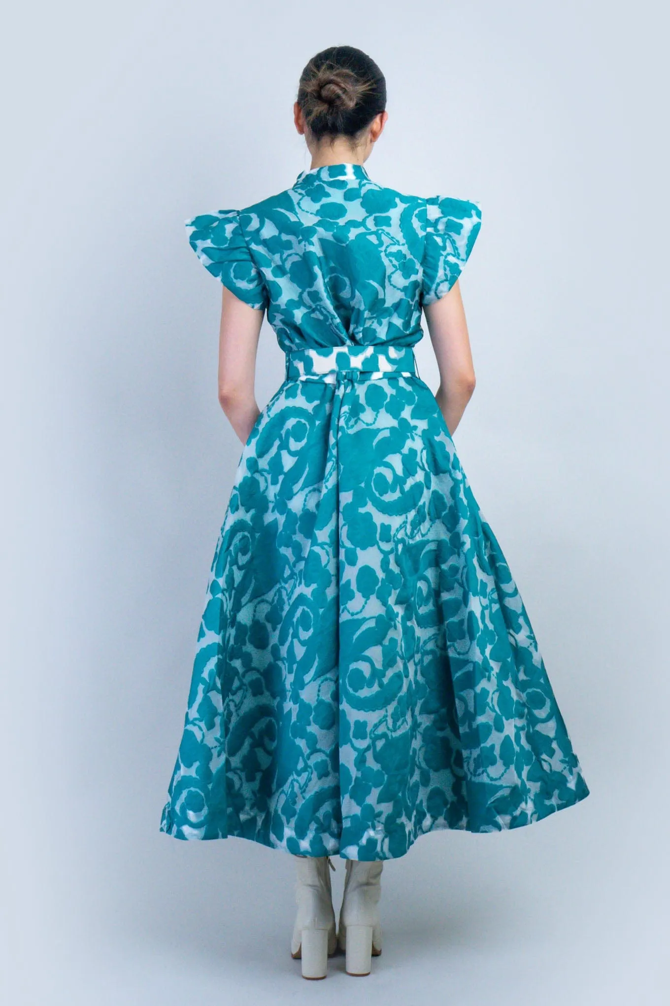 Jade Paisley Print Flutter Sleeve Belted Dress