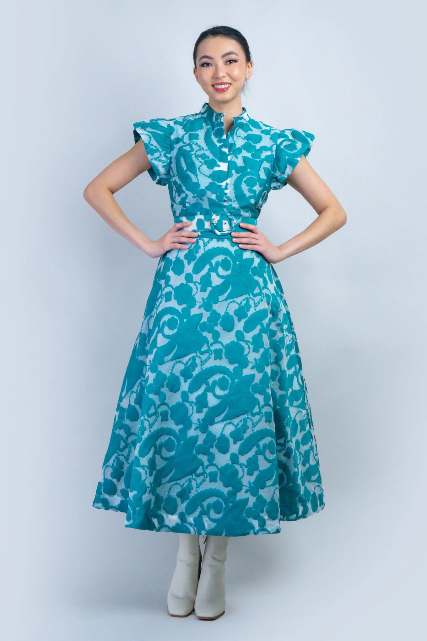Jade Paisley Print Flutter Sleeve Belted Dress