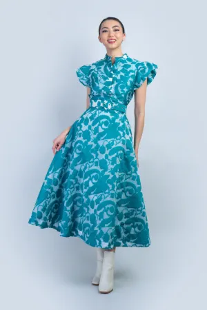 Jade Paisley Print Flutter Sleeve Belted Dress