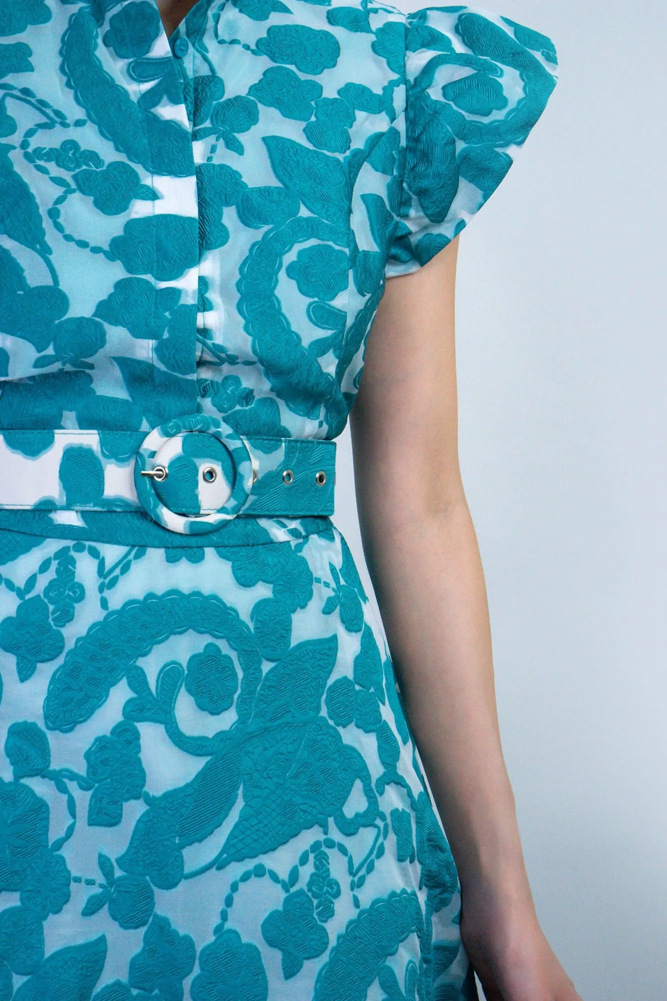 Jade Paisley Print Flutter Sleeve Belted Dress