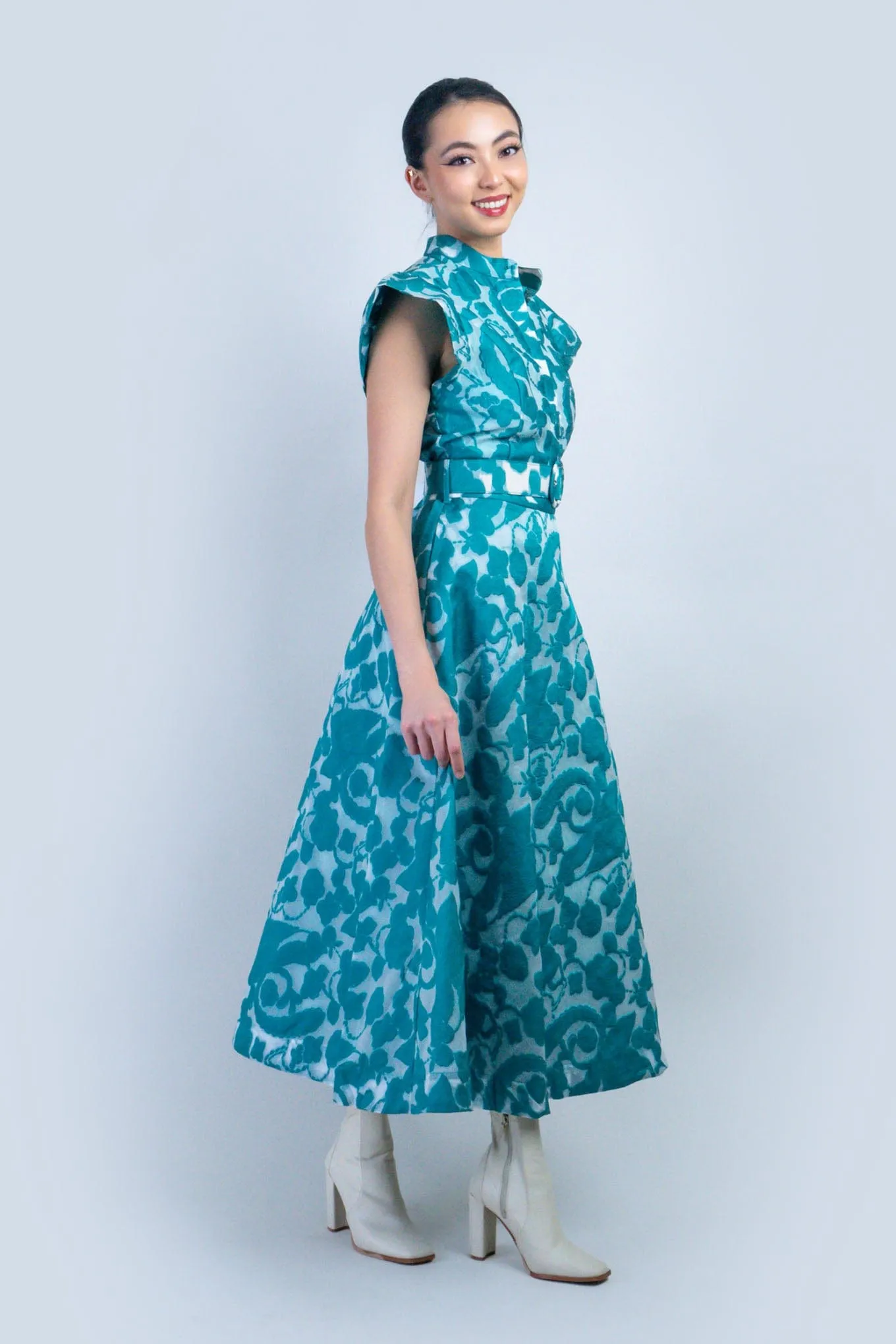 Jade Paisley Print Flutter Sleeve Belted Dress
