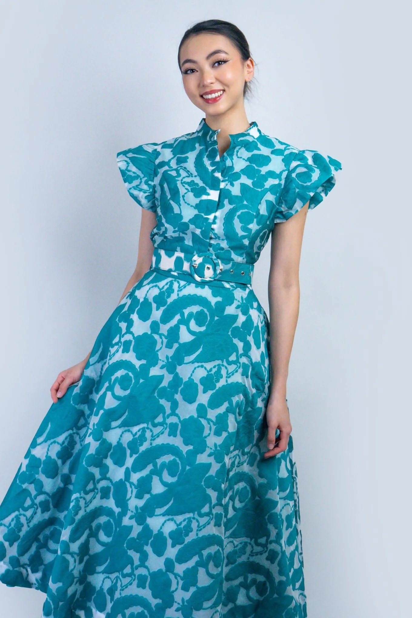 Jade Paisley Print Flutter Sleeve Belted Dress