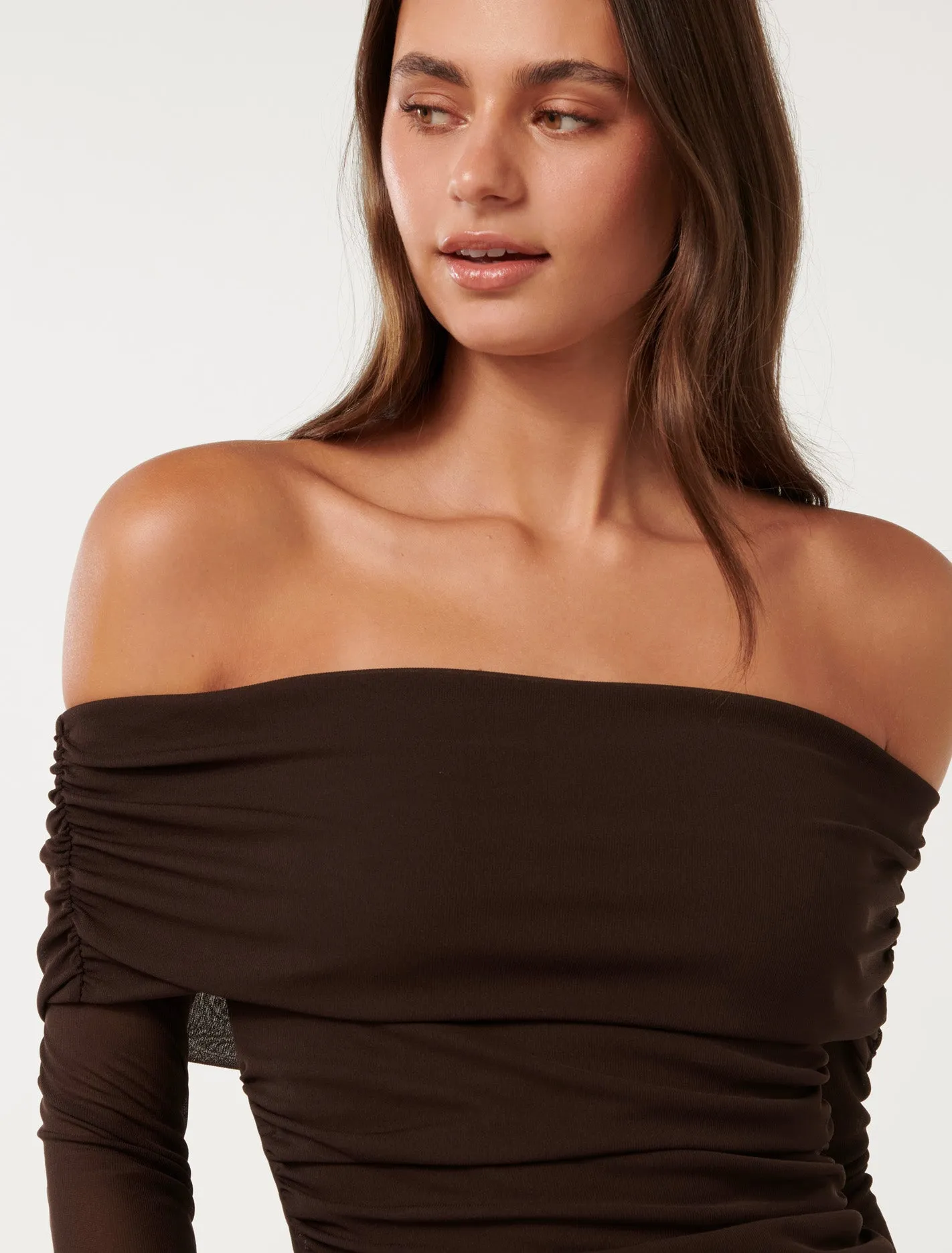 Kaia Ruched Mesh Bardot Top