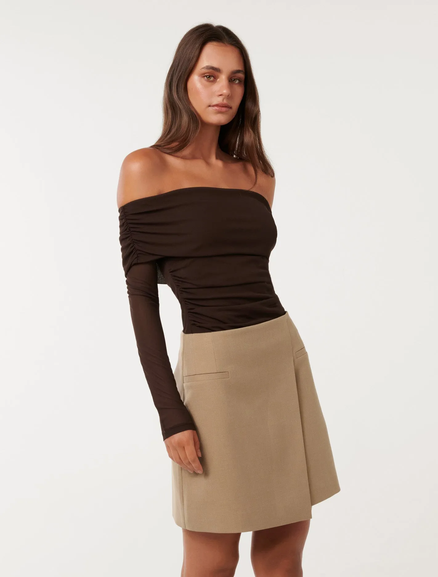 Kaia Ruched Mesh Bardot Top
