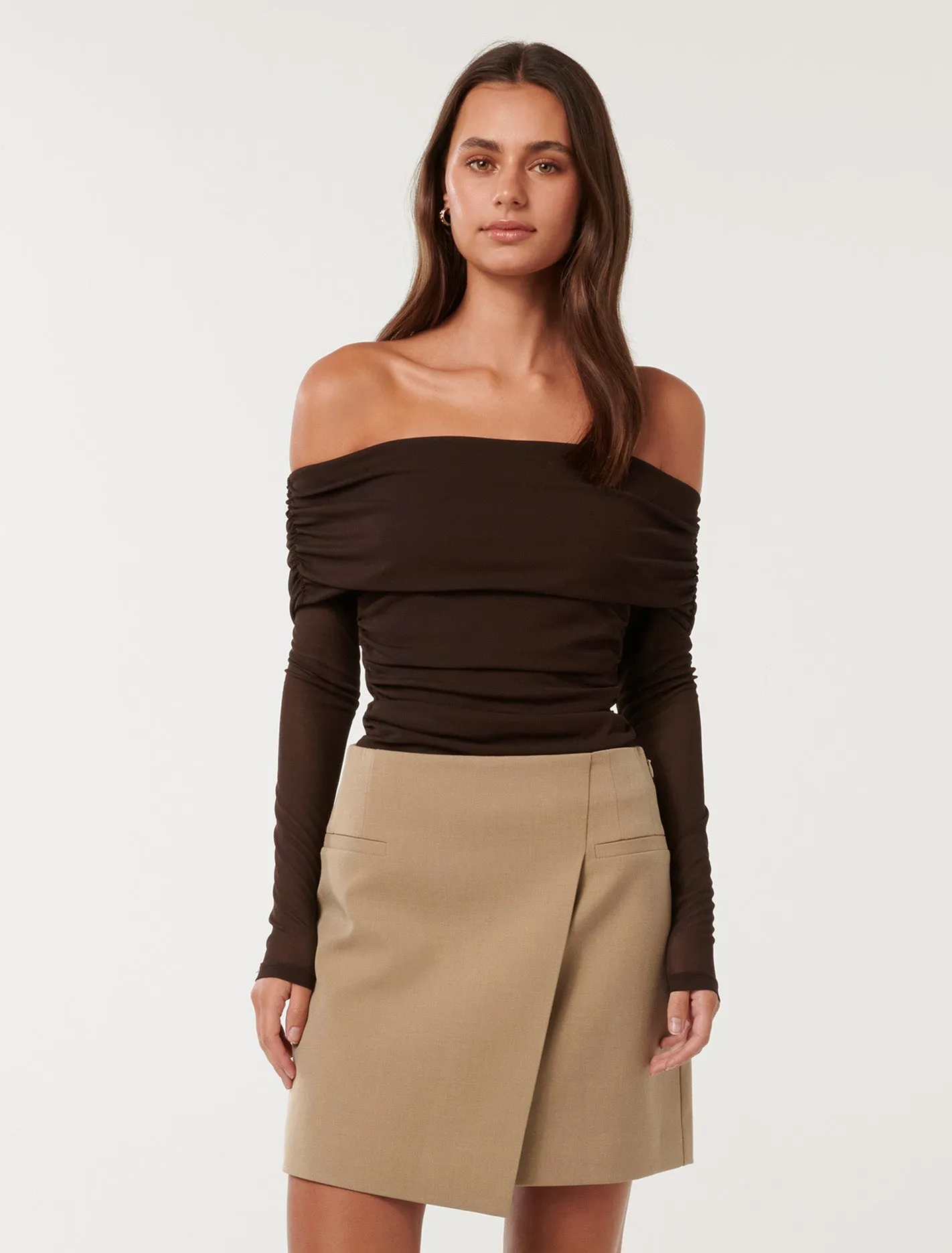 Kaia Ruched Mesh Bardot Top