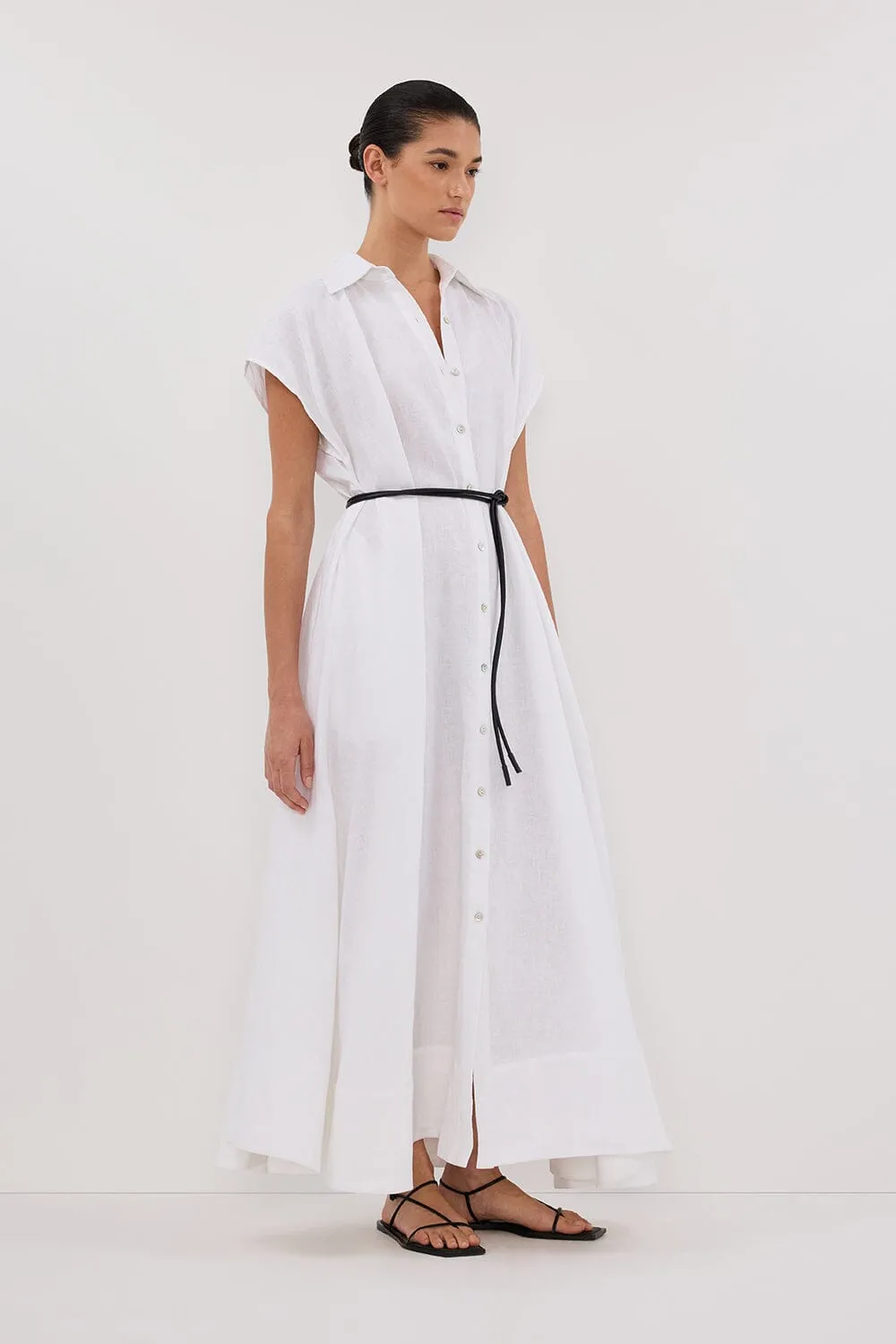 LANA WHITE LINEN MIDI SHIRT DRESS