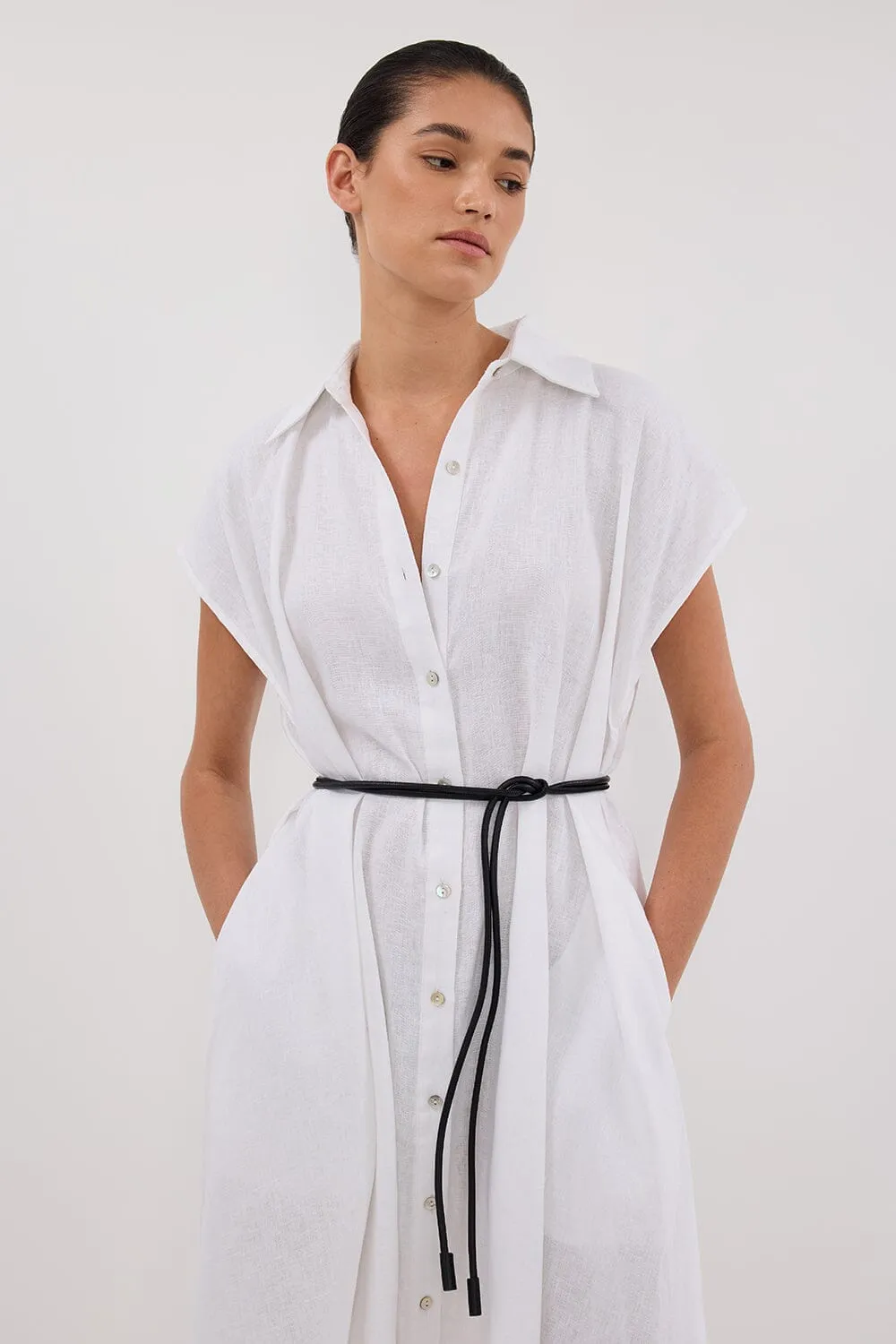 LANA WHITE LINEN MIDI SHIRT DRESS