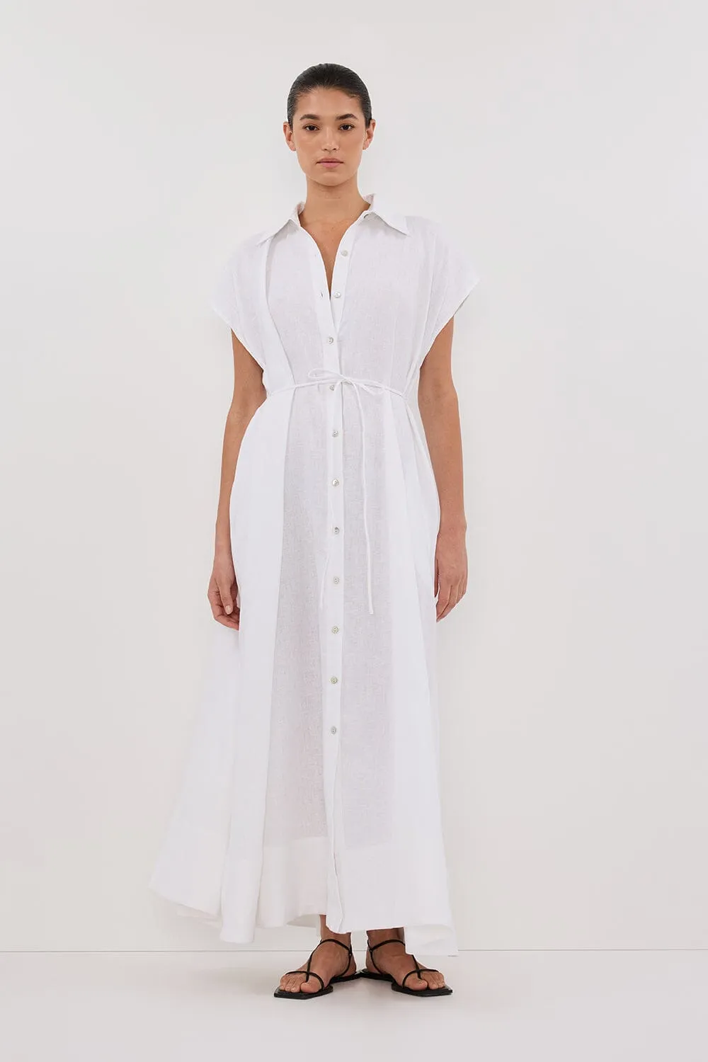 LANA WHITE LINEN MIDI SHIRT DRESS